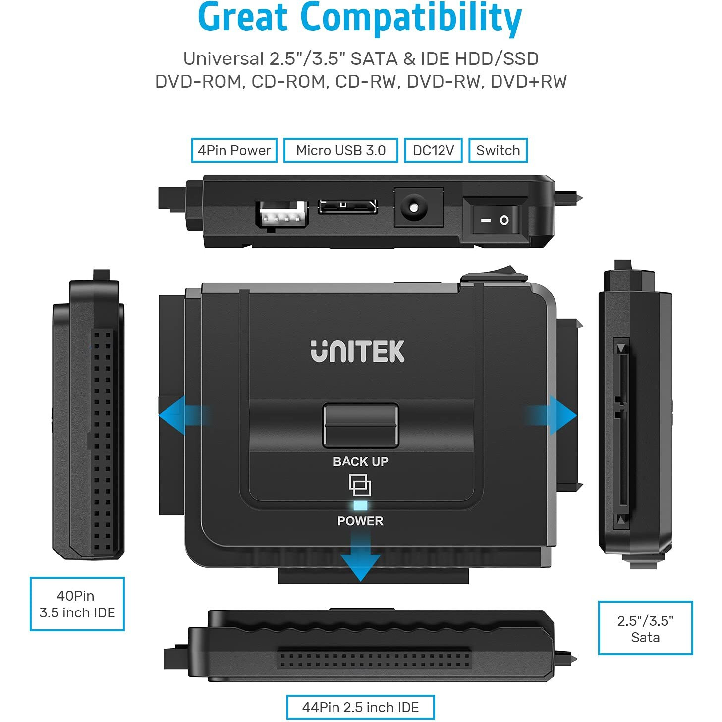 Unitek Usb 3.0 To Ide And Sata Converter External Hard Drive Adapter Kit For Universal 2.5/3.5 Hdd/Ssd Hard Drive Disk, One Touch Backup Function, Included 12V/2A Power Adapter