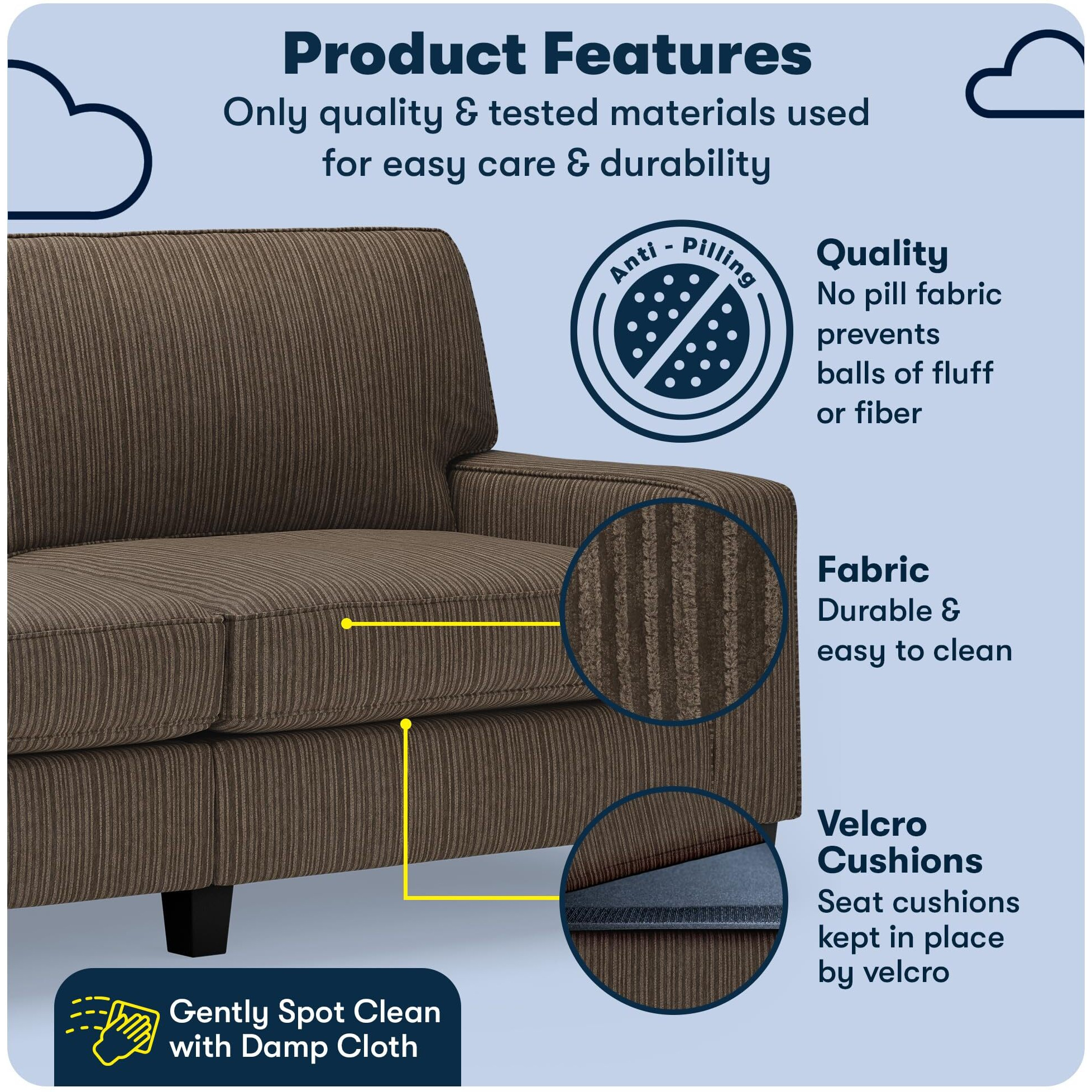 Serta Palisades 78"" Track Arm Sofa, Easy Care Polyester, Soft Pillow Back, Pocket Coil Seat Cushions, Removable Covers, Loveseat Or Couch For Small Spaces, Living Rooms Or Bedrooms, Brown