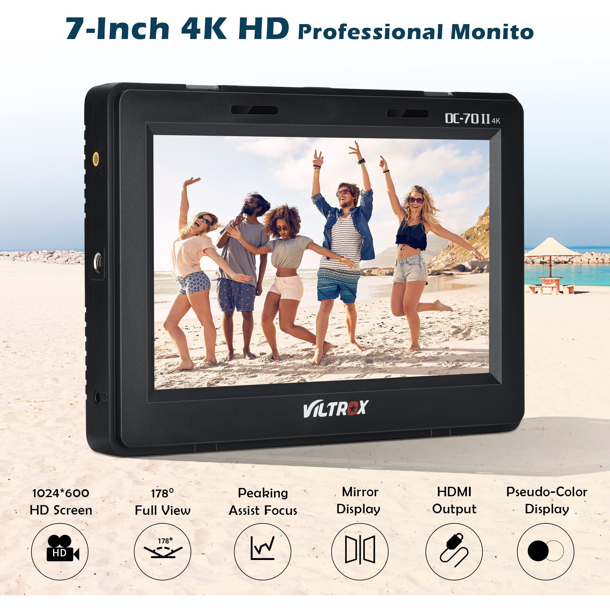 Viltrox Dc-70 Ii 7 Inch Camera Video Monitor, 4K Camera Field Monitor Kit With Hdmi Av Input/Output For Canon Nikon Sony Dslr Camera, Peaking Focus Assist Video Monitor With Sunshade Hood/Battery