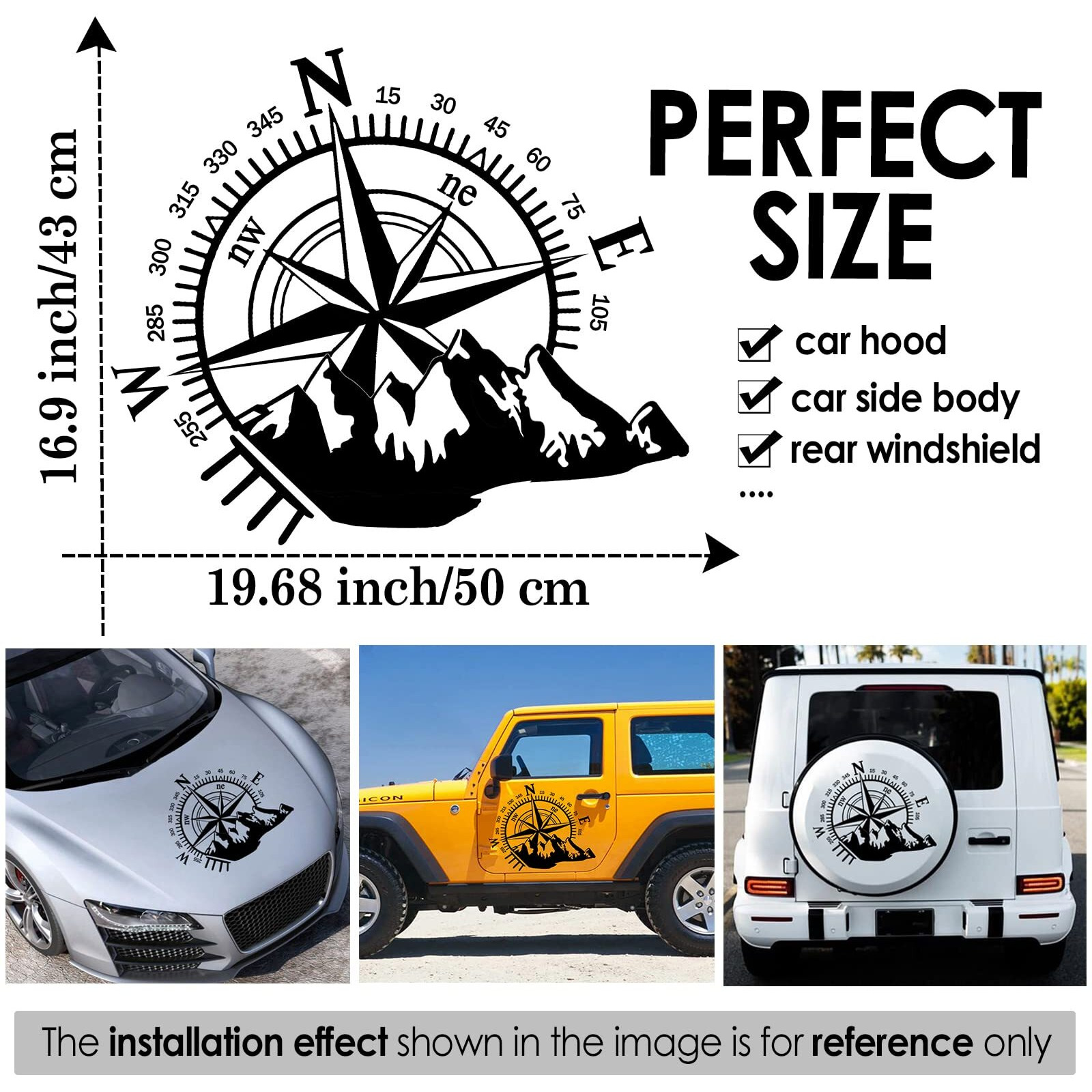 Fochutech Car Decals Compass With Mountain Hood Stickers Waterproof Vinyl Hood Decals Car Side Decals And Graphics Compass Hood Decals For Rv Truck Suv Car Exterior Decoration 1 Pcs (Black)