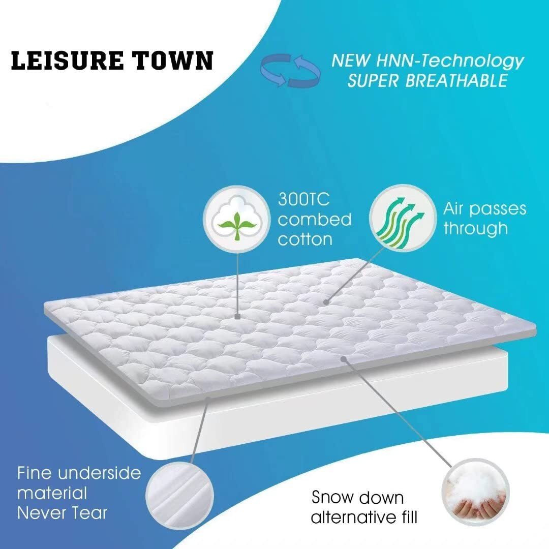 Leisure Town Queen Mattress Pad Cover Cooling Mattress Topper Cotton Top Pillow Top With Snow Down Alternative Fill (8-21 Inch Fitted Deep) Pocket White