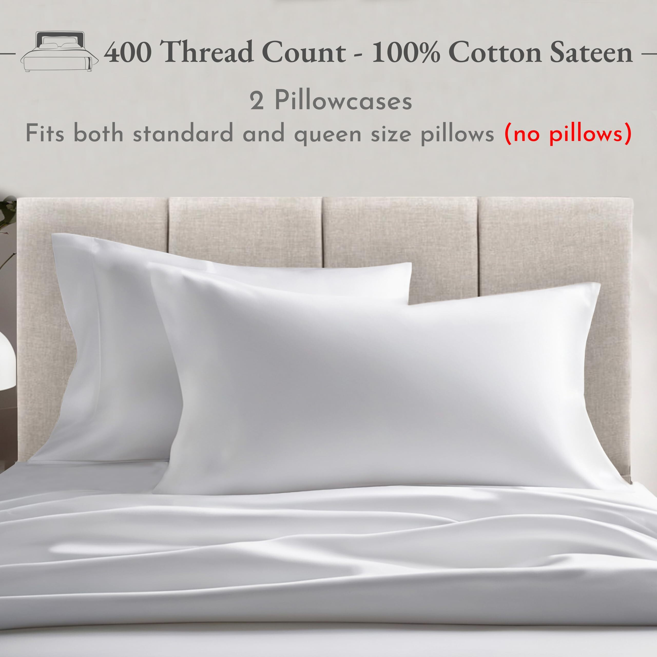 California Design Den Standard Queen Size Pillowcase Set - 400 Thread Count, 100% Cotton Sateen, Set Of 2 Pillow Covers, Breathable, Cooling, Soft For Quality Sleep - Bright White
