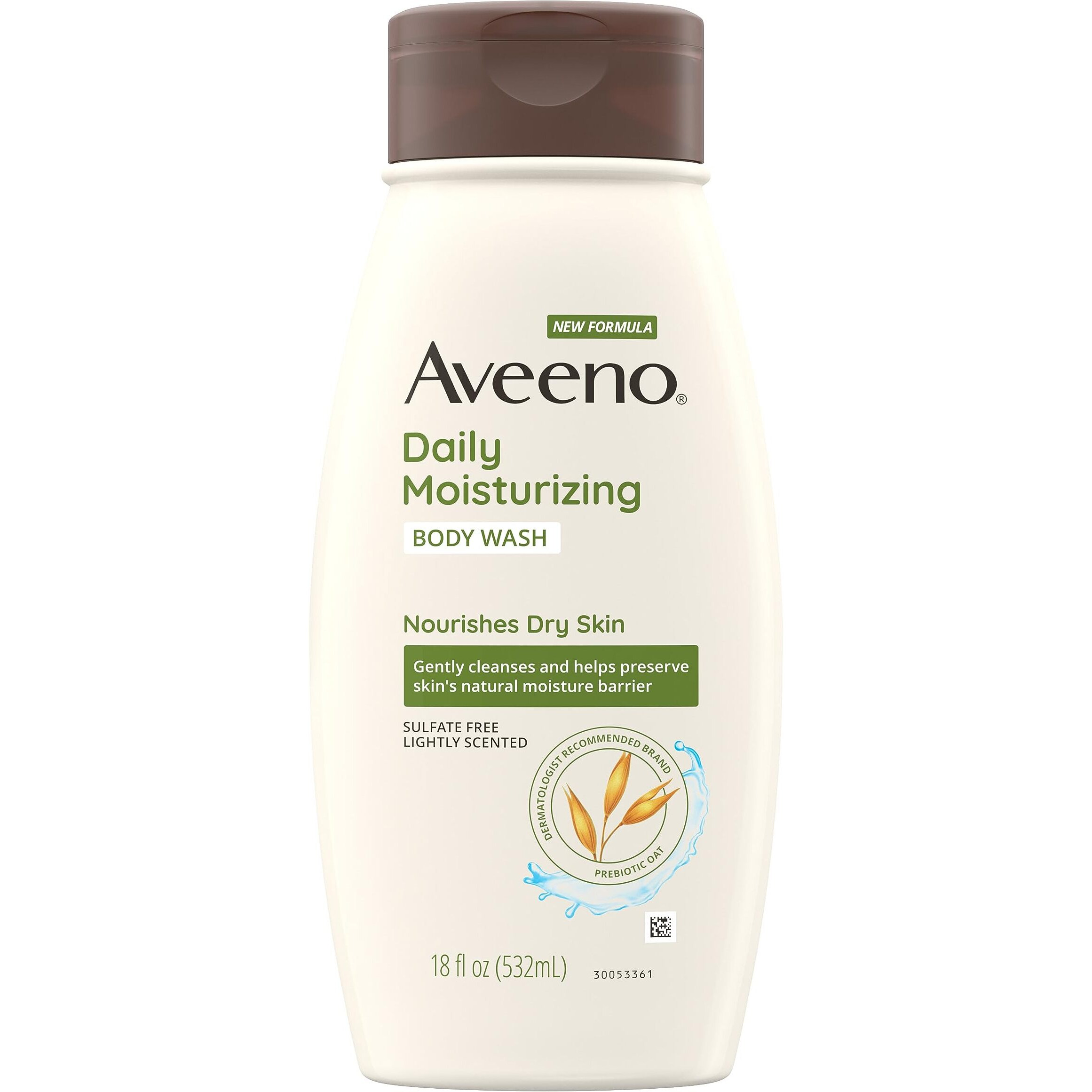Aveeno Daily Moisturizing Body Wash For Dry & Sensitive Skin With Prebiotic Oat, Hydrating Oat Body Wash Nourishes Dry Skin & Gently Cleanses, Light Fragrance, Sulfate-Free, 18 Fl. Oz