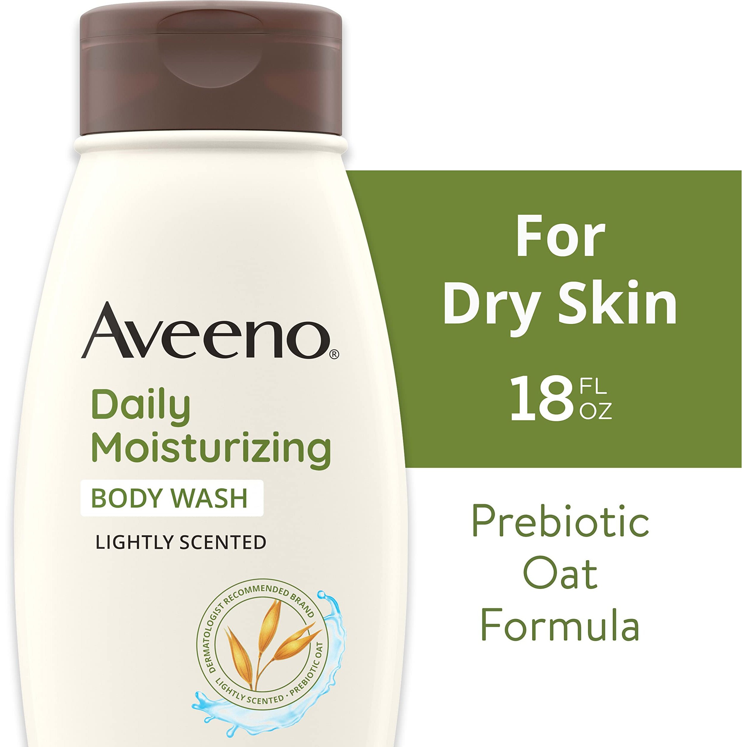 Aveeno Daily Moisturizing Body Wash For Dry & Sensitive Skin With Prebiotic Oat, Hydrating Oat Body Wash Nourishes Dry Skin & Gently Cleanses, Light Fragrance, Sulfate-Free, 18 Fl. Oz