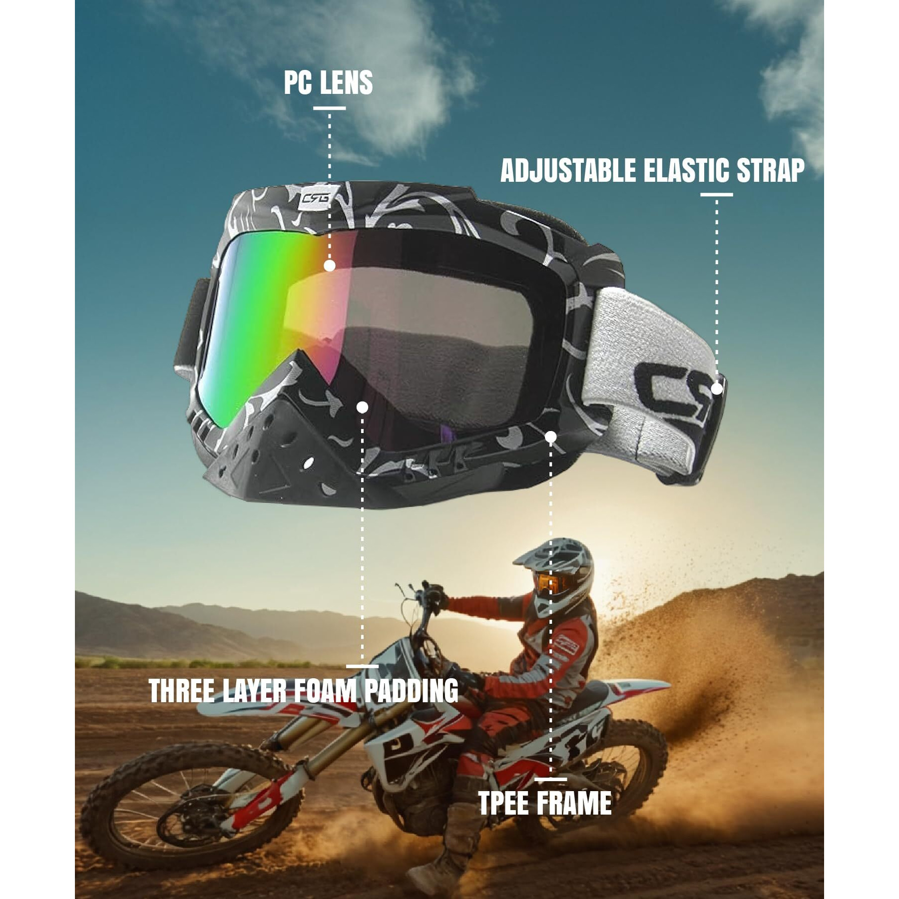 Crg Sports Motorcycle Goggle Motocross Atv Dirt Bike Off Road Racing Goggles For Man, Woman, Adult