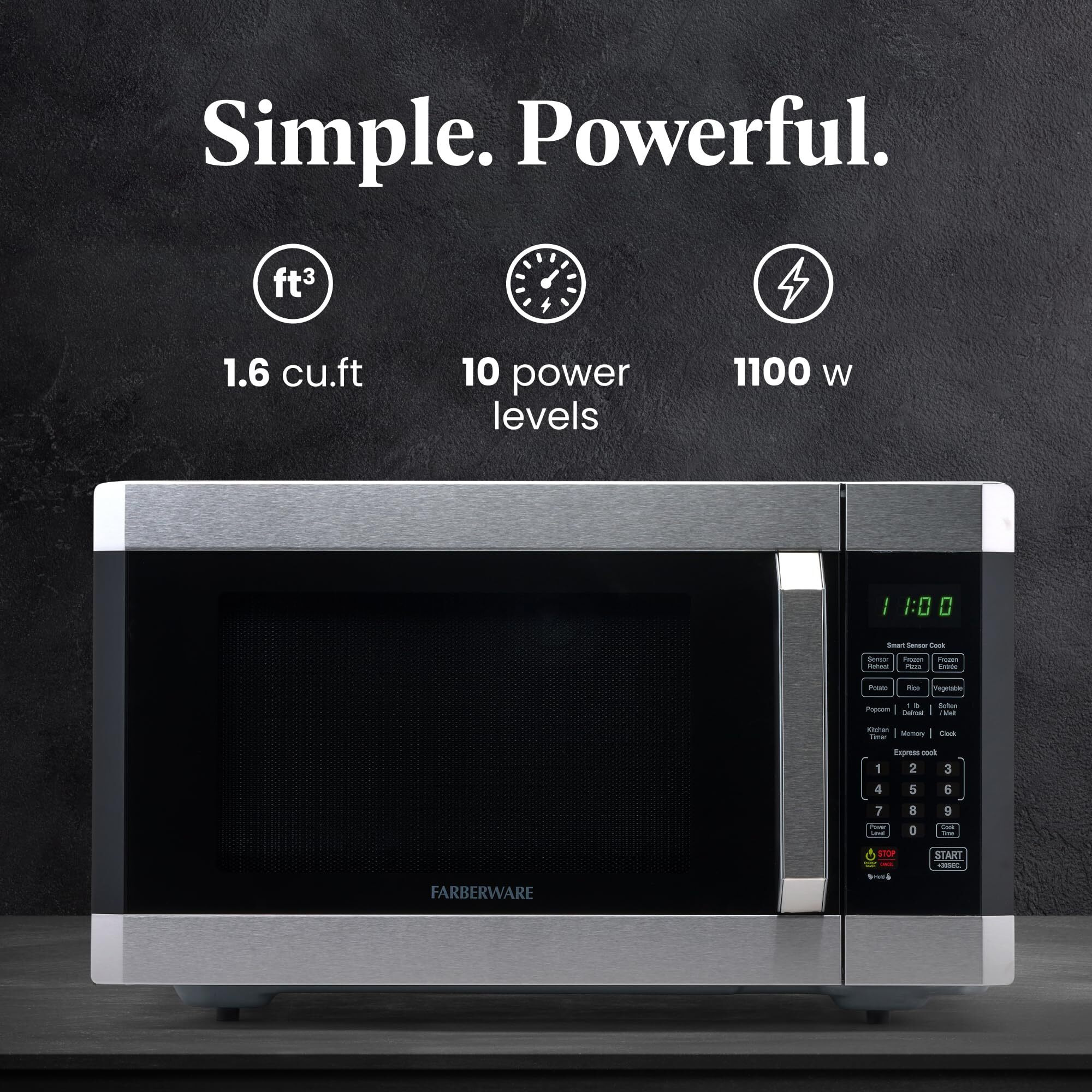 Farberware Countertop Microwave 1100 Watts, 1.6 Cu Ft - Smart Sensor Microwave Oven With Led Lighting And Child Lock - Perfect For Apartments And Dorms - Easy Clean - Stainless Steel