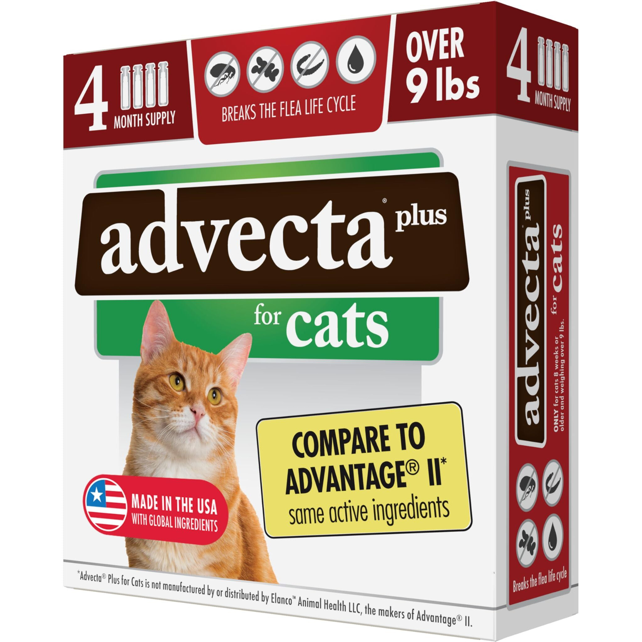 Advecta Plus Flea Prevention For Cats, Cat And Kitten Treatment & Control, Small And Large, Fast Acting Waterproof Topical Drops, 4 Month Supply