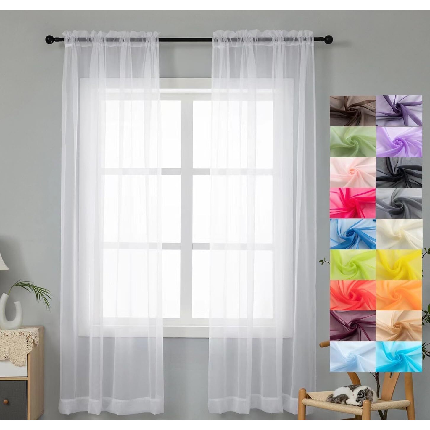 Wpm World Products Mart White Sheer Curtains 58"" Wide X 84"" Long 2 Panels Livingroom Window Treatment Rod Pocket Sheer Voile For Bedroom, Kitchen, Living Children Room Fully Stitched And Hemmed