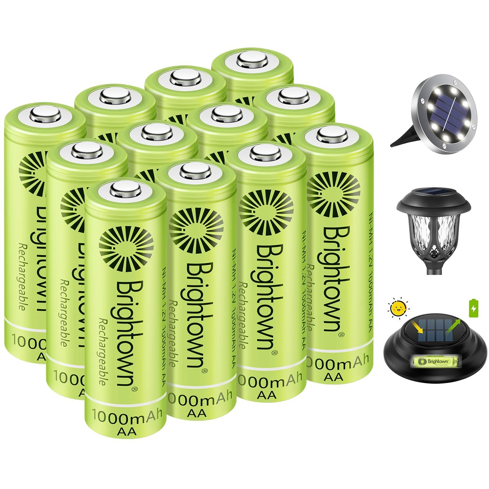 Brightown 12-Pack Rechargeable Aa Batteries - 1000Mah 1.2V Nimh High Capacity Batteries - Ideal For Solar Lights & Home Devices, Recharge Up To 1000X Times, Pre-Charged
