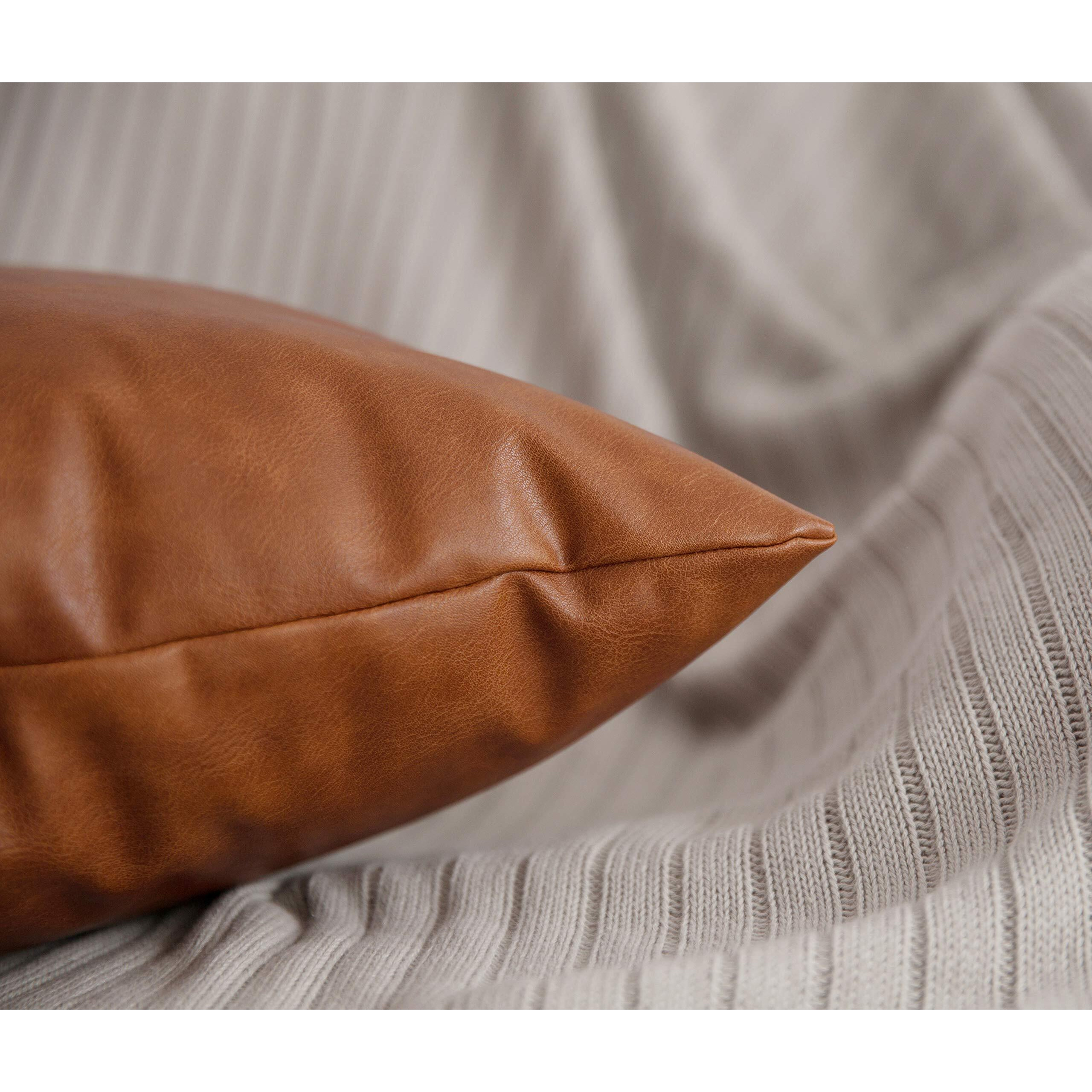 Homfiner Set Of 2 Thick Faux Leather Lumbar Throw Pillow Covers 12X20, Modern Farmhouse Boho Small Long Accent Scandinavian Decor Rectangle Decorative Cushion Cases For Couch Bed Sofa Cognac Brown