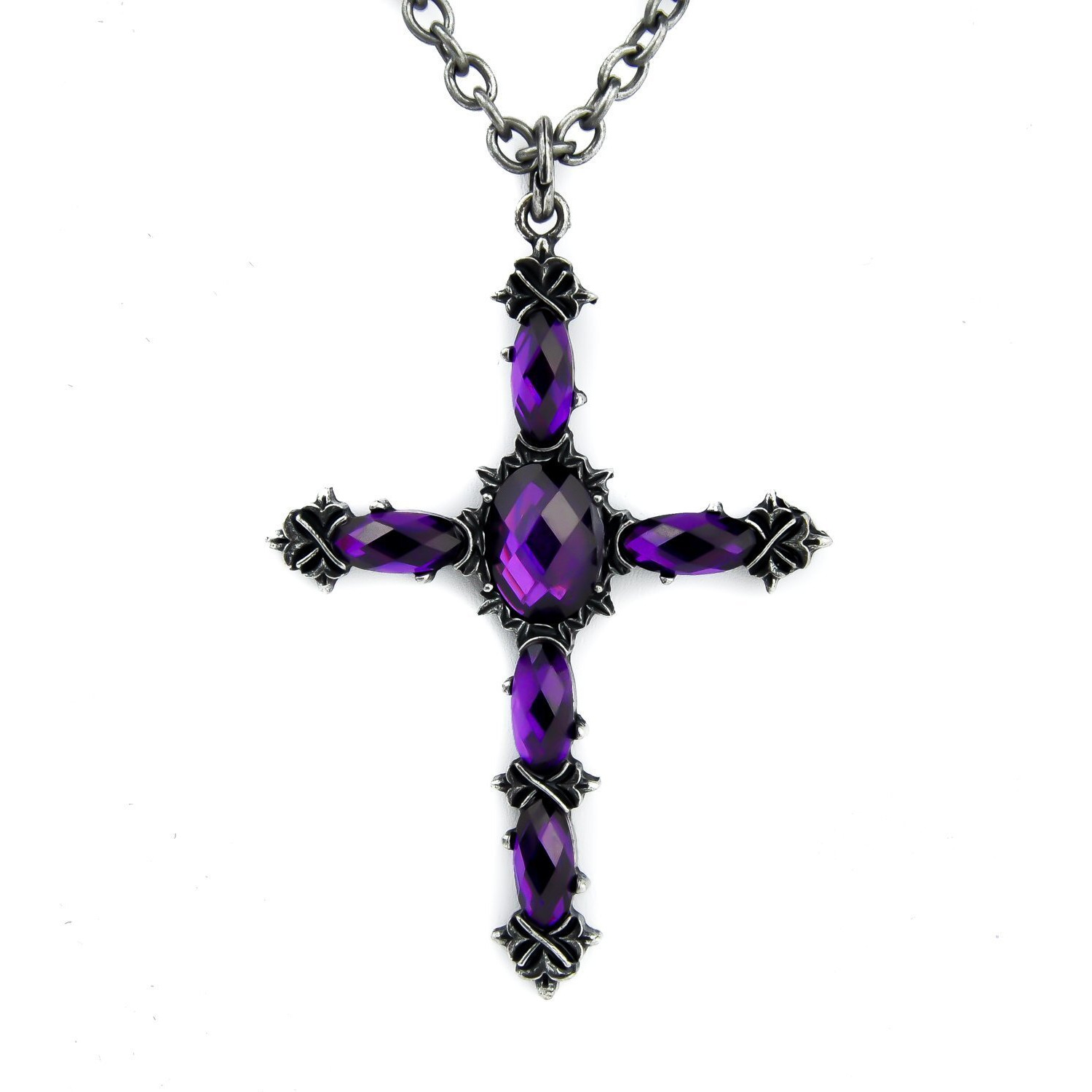 The Gothic King Of The Universe Purple Stone Vampire Cross Necklace Dark Elegant Pendant