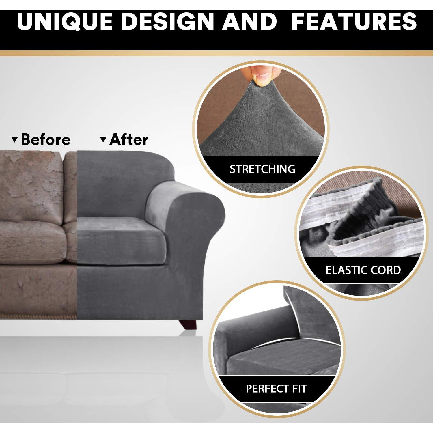 Princedeco 4 Pieces Couch Covers Velvet Couch Covers For 3 Cushion Sofa Soft Furniture Protector With Non Slip Elastic Bottom Washable Couch Covers Width Up To 90 Inch (Large, Grey)