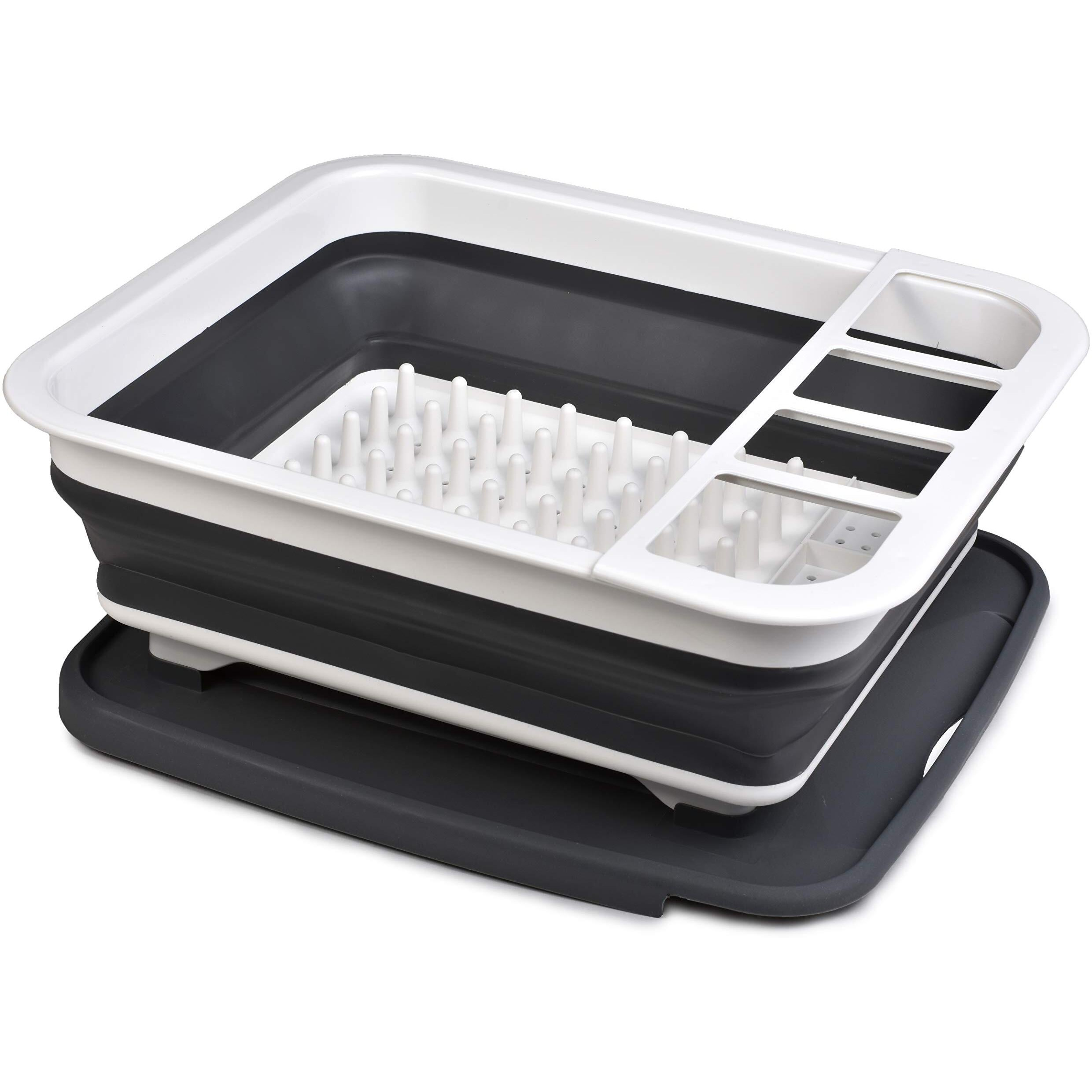 Masirs Pop-Up Collapsible Dish Drying Rack Convenient Storage, Drains Into Sink, Eight Large Plate Capacity, Sectional Cutlery And Utensil Compartment. Compact And Portable Design.