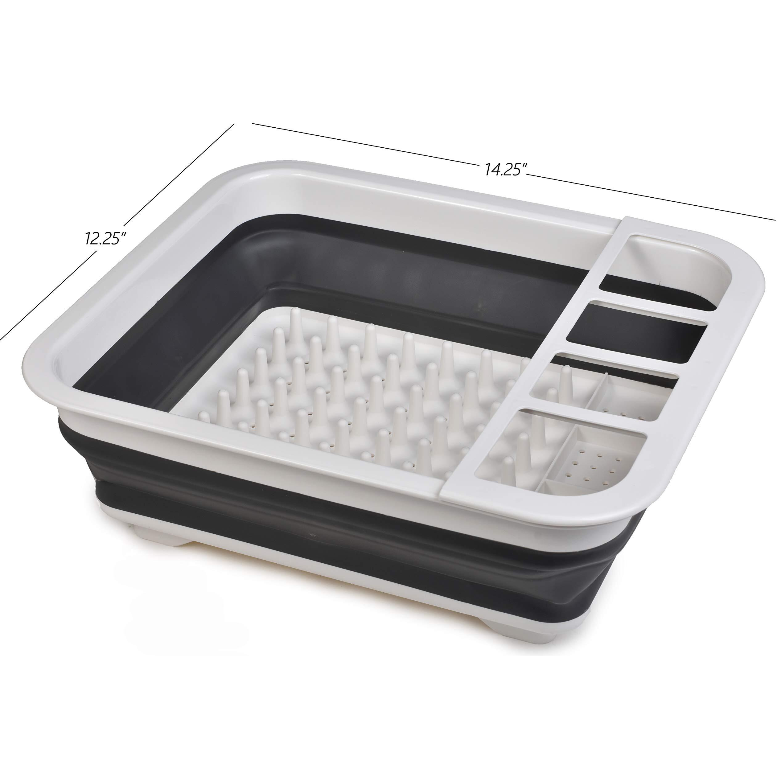Masirs Pop-Up Collapsible Dish Drying Rack Convenient Storage, Drains Into Sink, Eight Large Plate Capacity, Sectional Cutlery And Utensil Compartment. Compact And Portable Design.