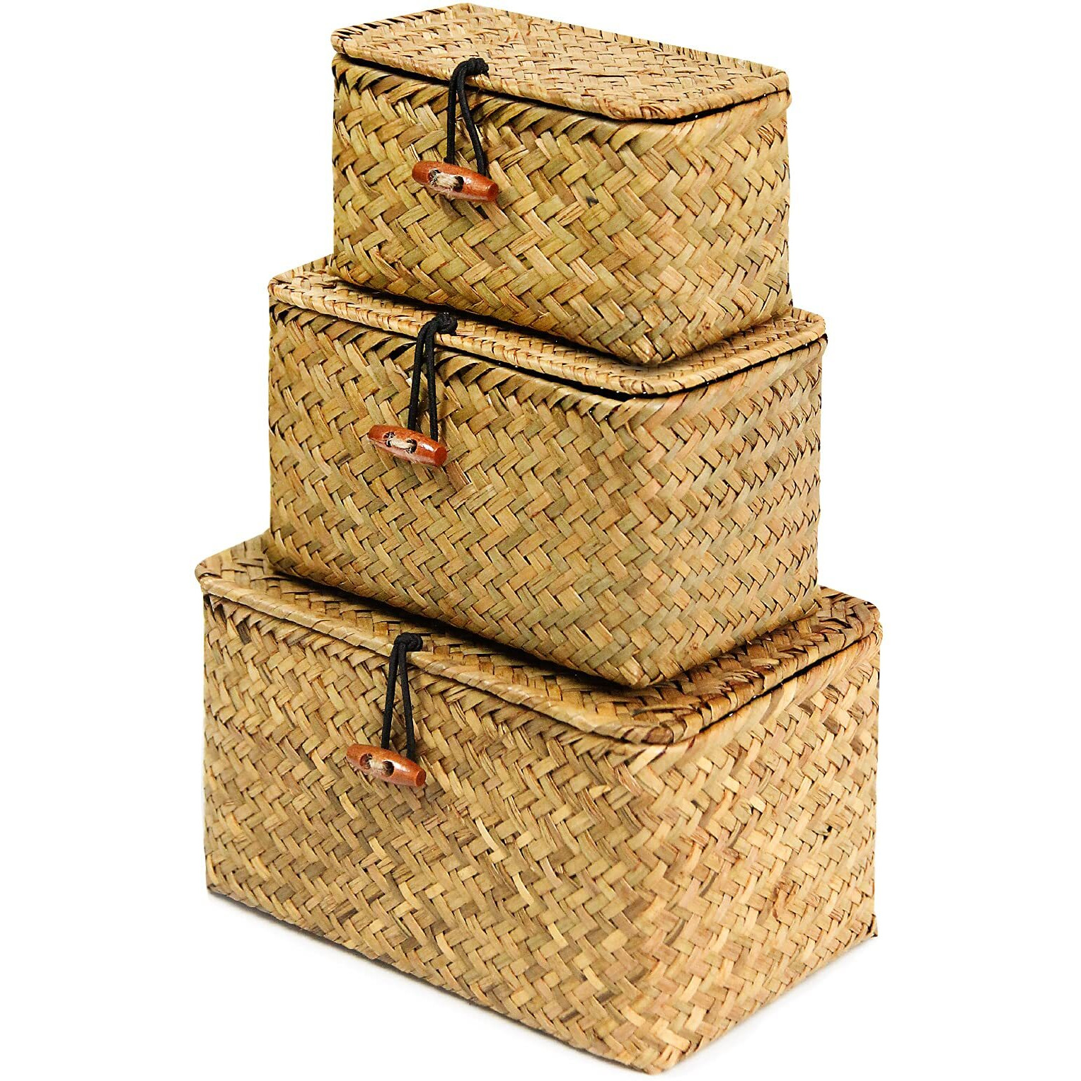 Feilanduo Shelf Baskets With Lid Set Of 3 Handwoven Seagrass Storage Box Wicker Basket Desktop Makeup Organizer Multipurpose Container (Original (S/M/L)