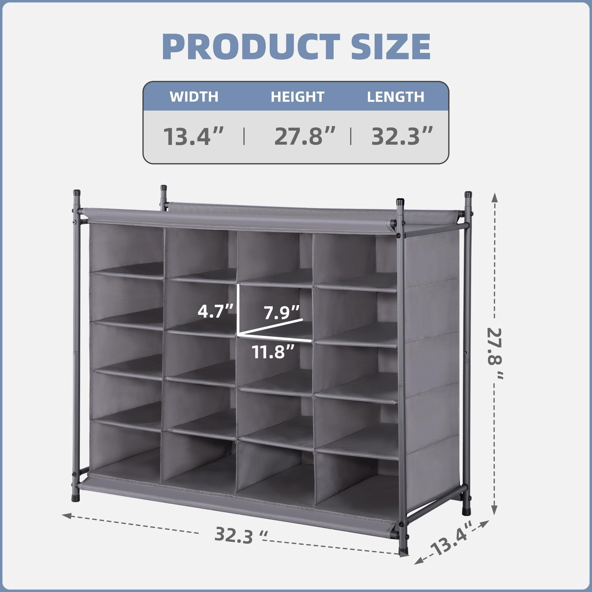 Storage Maniac Stackable Shoe Cubby Organizer, Free Standing Shoe Cube Rack For Entryway, Bedroom, Apartment, Closet, 20-Cube Gray