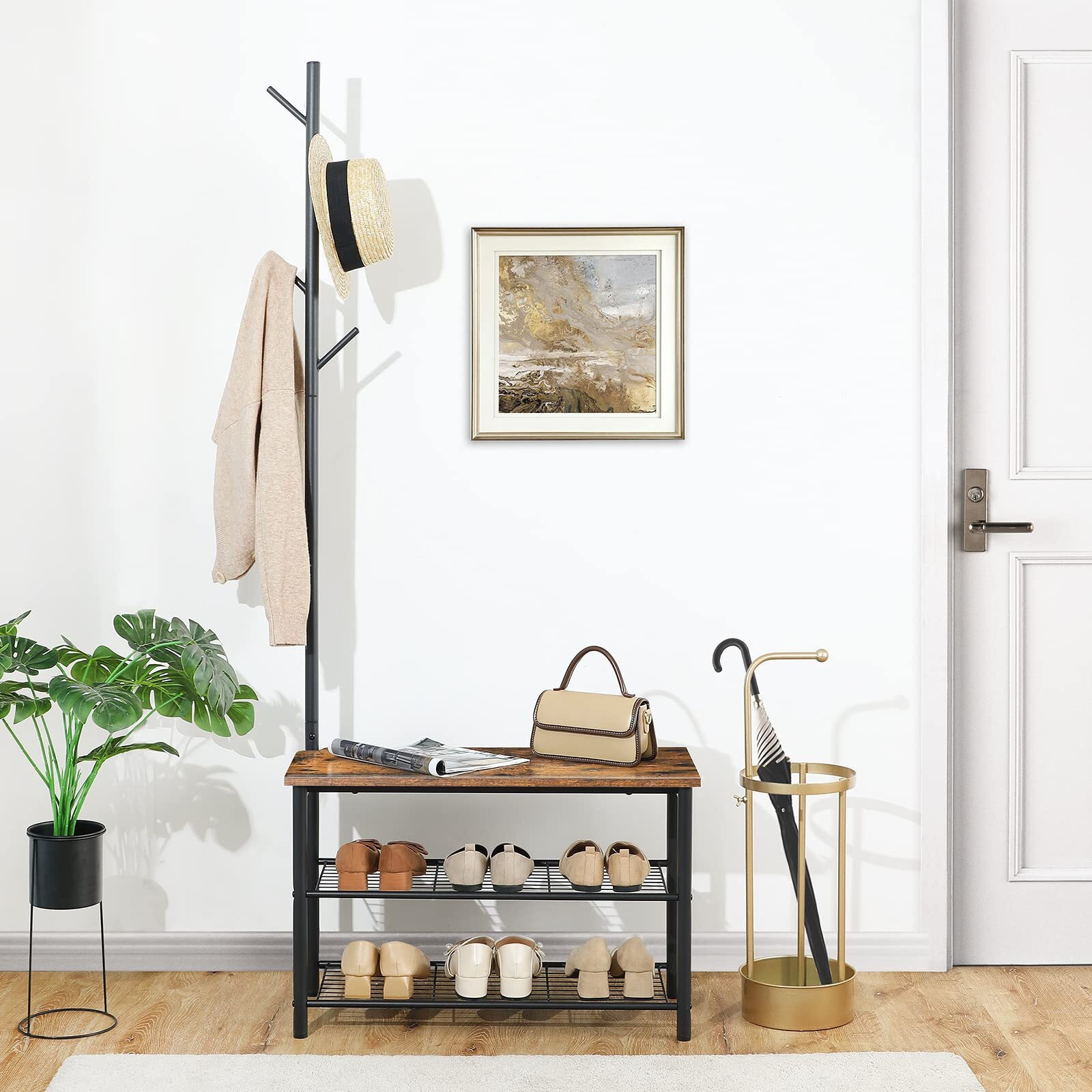 Hoobro Coat Rack Shoe Bench, 3-Tier Shoe Rack, Industrial Shoe Organizer Storage Bench, Entry Bench With Mesh Shelves, For Entryway, Living Room, Hallway, Easy Assembly, Rustic Brown Bf12Hx01