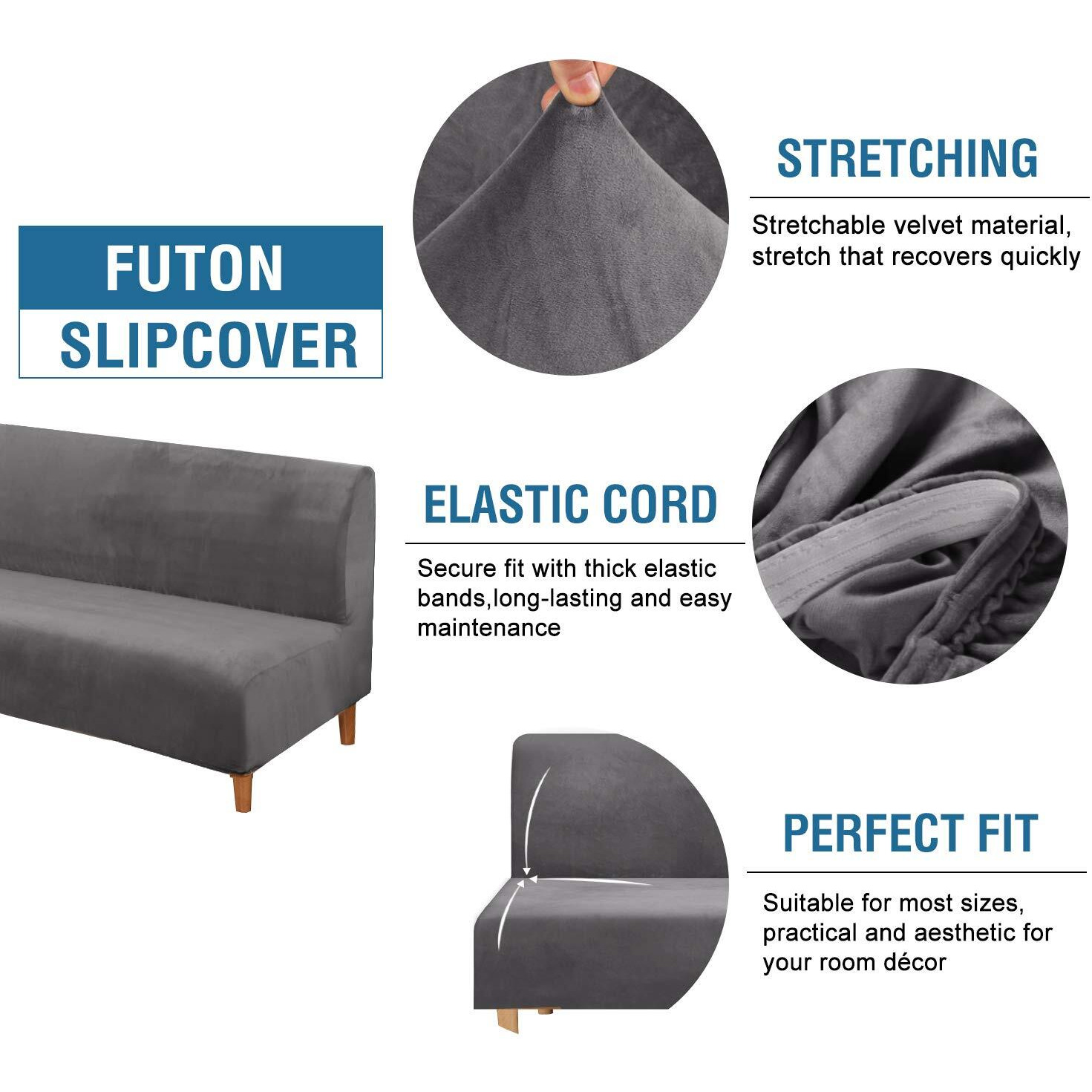 H.Versailtex Real Velvet Futon Cover Armless Sofa Covers Sofa Bed Covers Stretch Futon Couch Cover Sofa Slipcover Furniture Protector Thick Soft Velvet Fabric Form Fitted Stay In Place, Grey