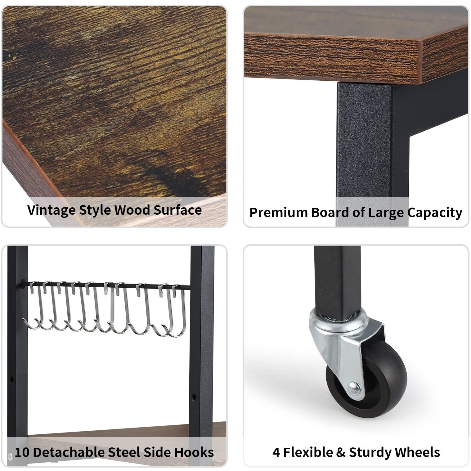 Nightstands, Industrial Microwave Oven Stand Kitchen Baker's Rack End Table 3 Tier Storage Shelf With 10 Hooks For Living Room, Kitchen, Bathroom, Cafe Rustic Brown