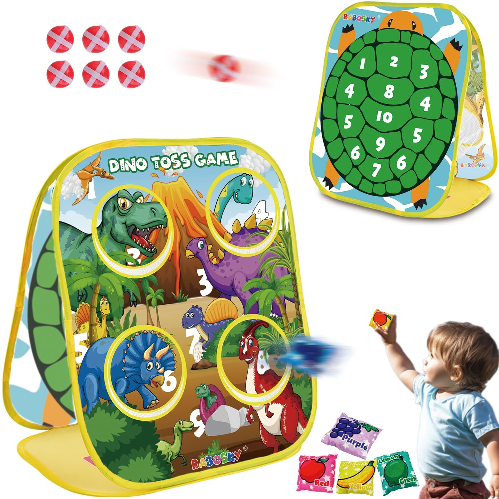 Dinosaur Bean Bag Toss Game For Kids 1-3-5, Cool 2-In-1 Toddlers Outdoor Toys With Colorful Fruit Bean Bags & Sticky Balls For Tossing, Gifts Ideas For 2 3 4 5 Year Old Boys Birthday Or Christmas