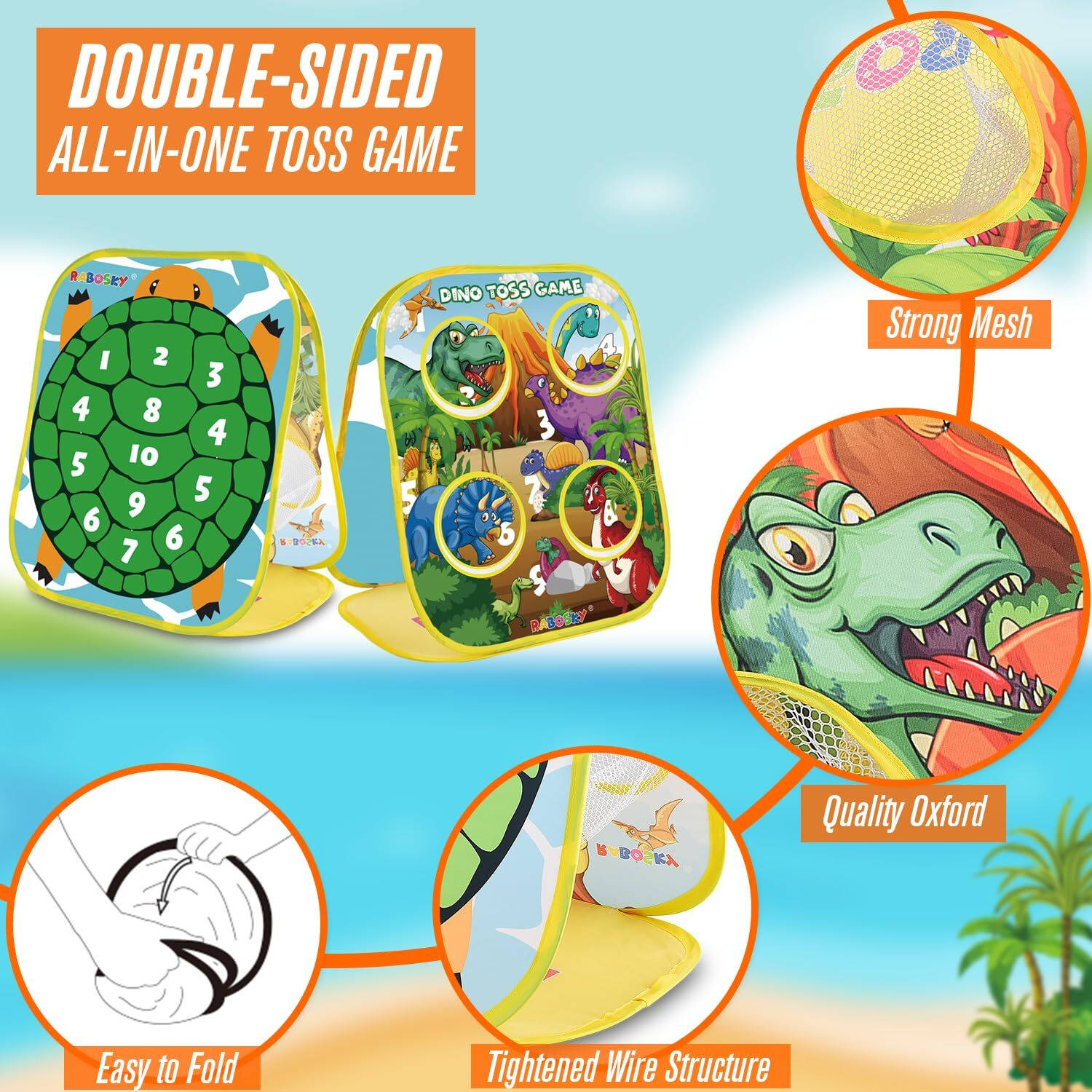 Dinosaur Bean Bag Toss Game For Kids 1-3-5, Cool 2-In-1 Toddlers Outdoor Toys With Colorful Fruit Bean Bags & Sticky Balls For Tossing, Gifts Ideas For 2 3 4 5 Year Old Boys Birthday Or Christmas