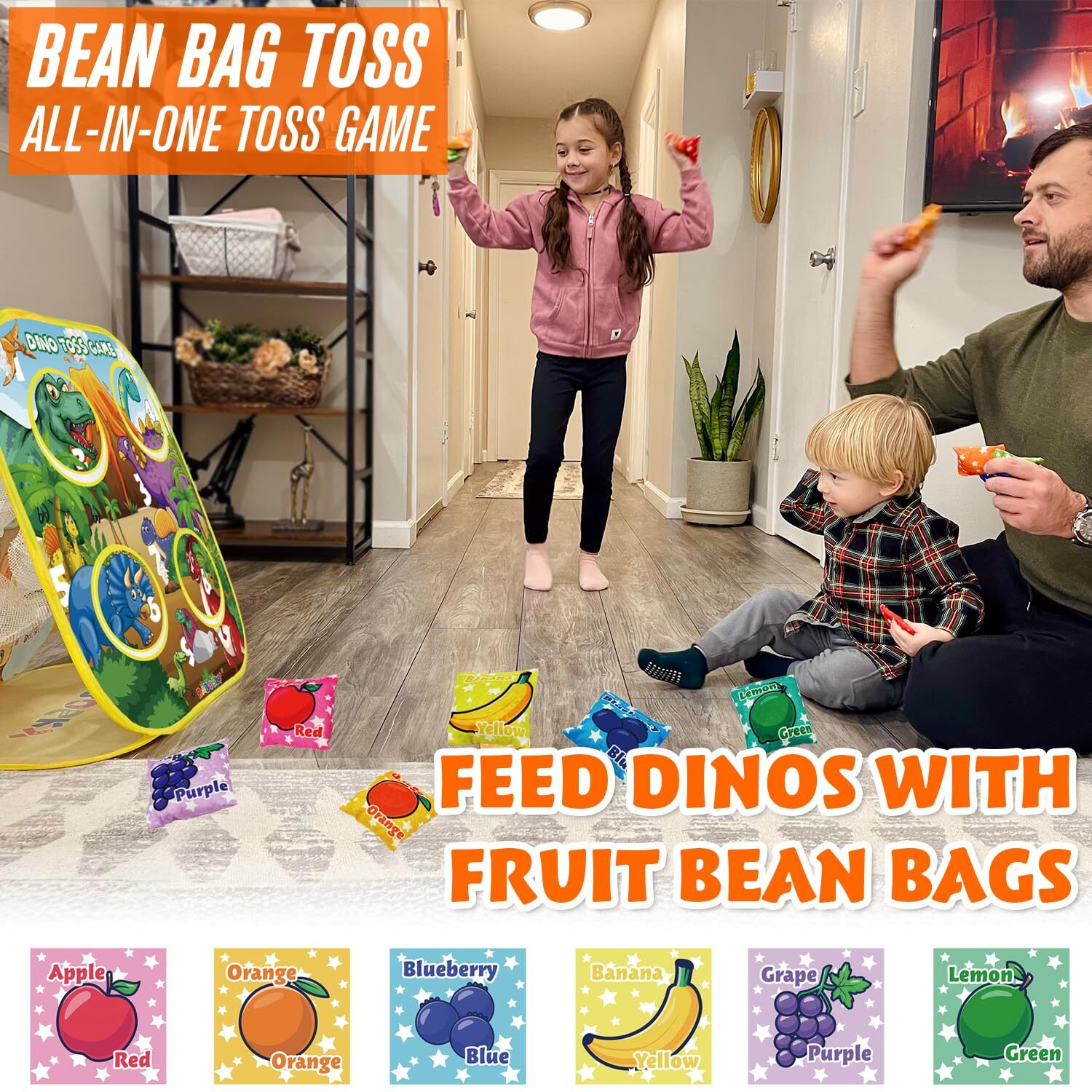 Dinosaur Bean Bag Toss Game For Kids 1-3-5, Cool 2-In-1 Toddlers Outdoor Toys With Colorful Fruit Bean Bags & Sticky Balls For Tossing, Gifts Ideas For 2 3 4 5 Year Old Boys Birthday Or Christmas