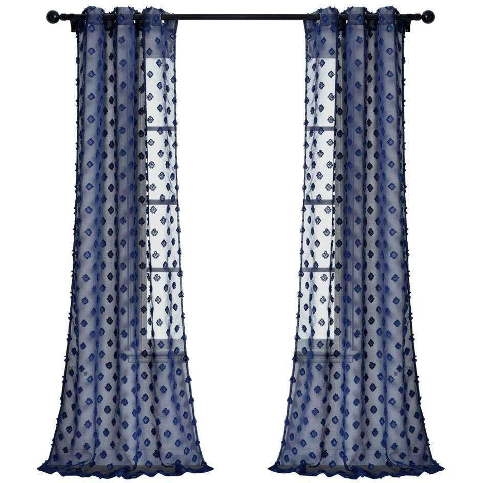 Lush Decor Navy Textured Dot Grommet Sheer Window Curtain Panel Pair, 84"" X 38
