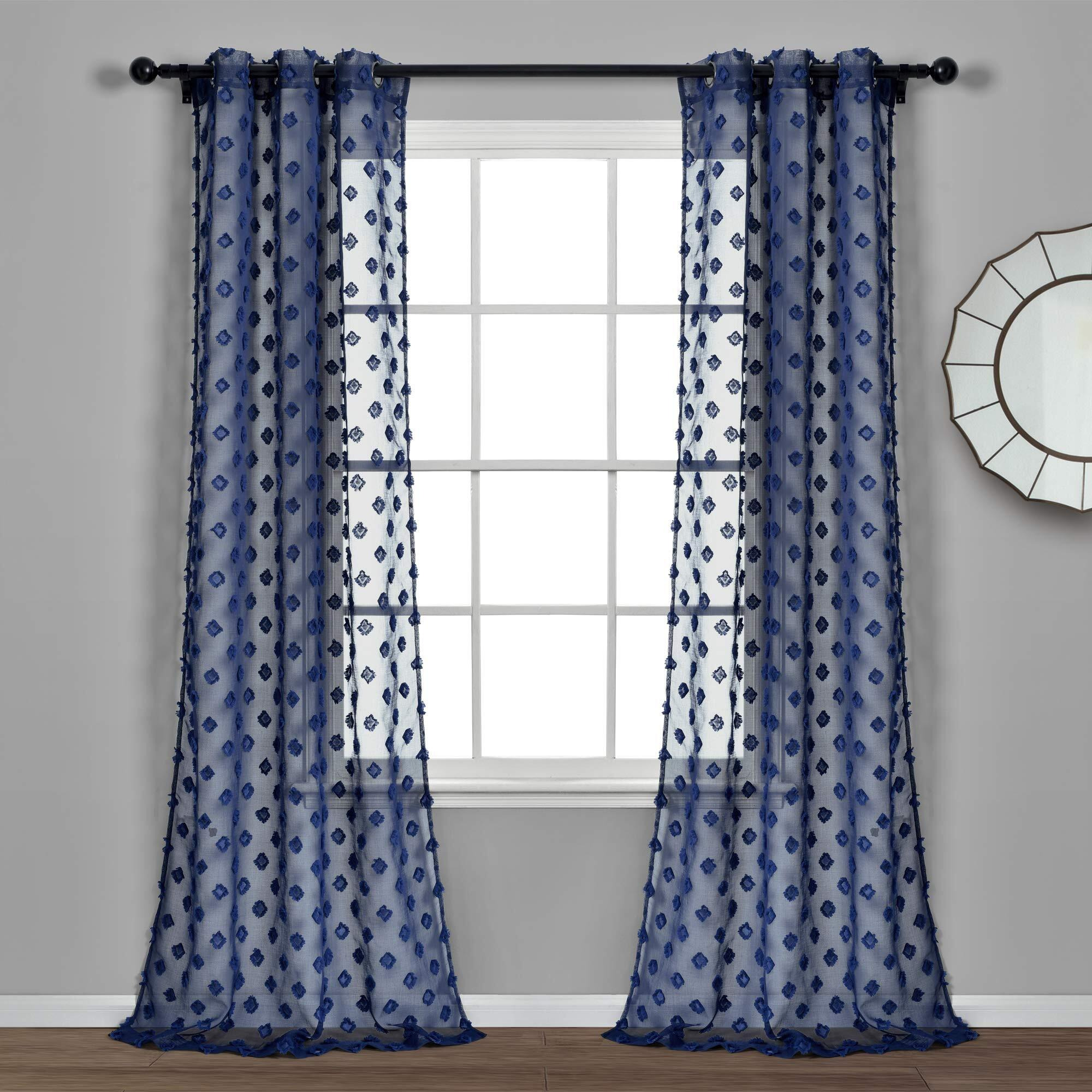 Lush Decor Navy Textured Dot Grommet Sheer Window Curtain Panel Pair, 84"" X 38