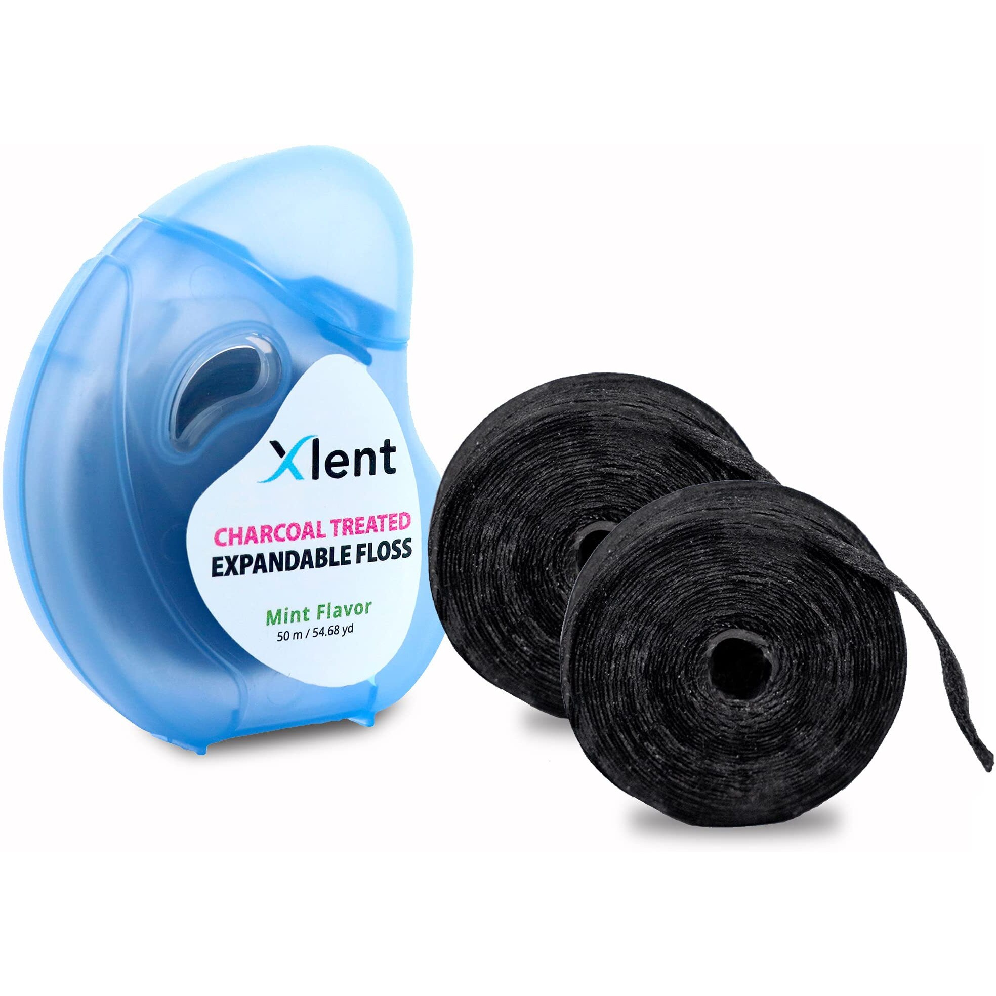 Xlent Expandable Floss Treated Activated Charcoal, Xylitol Natural Based Wax Fresh Mint Flavor | 3 Count (1 50 M Floss Blue Container Plus 2 50 M Refill Bobbins), 3 Count (1 Blister Card+2 Refill)