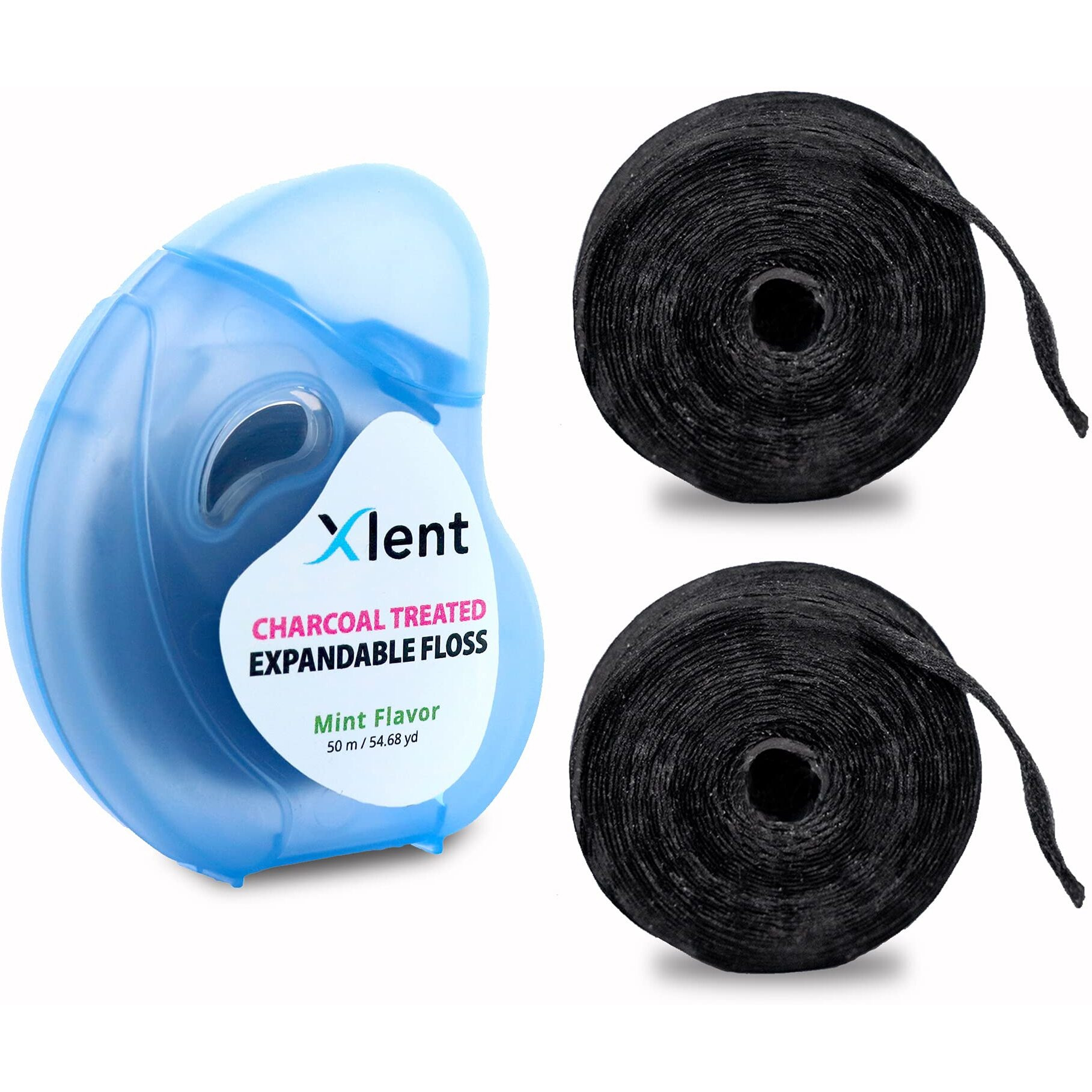 Xlent Expandable Floss Treated Activated Charcoal, Xylitol Natural Based Wax Fresh Mint Flavor | 3 Count (1 50 M Floss Blue Container Plus 2 50 M Refill Bobbins), 3 Count (1 Blister Card+2 Refill)