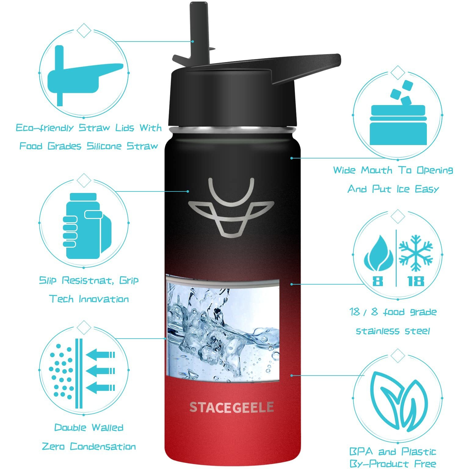 Stacegeele Insulated Vacuum Water Bottle For Kids With Straw Lid Stainless Steel Flask Thermos For Boys And Girls Leak Proof Lightweight Eco Friendly 18Oz(550Ml),Ice Coke