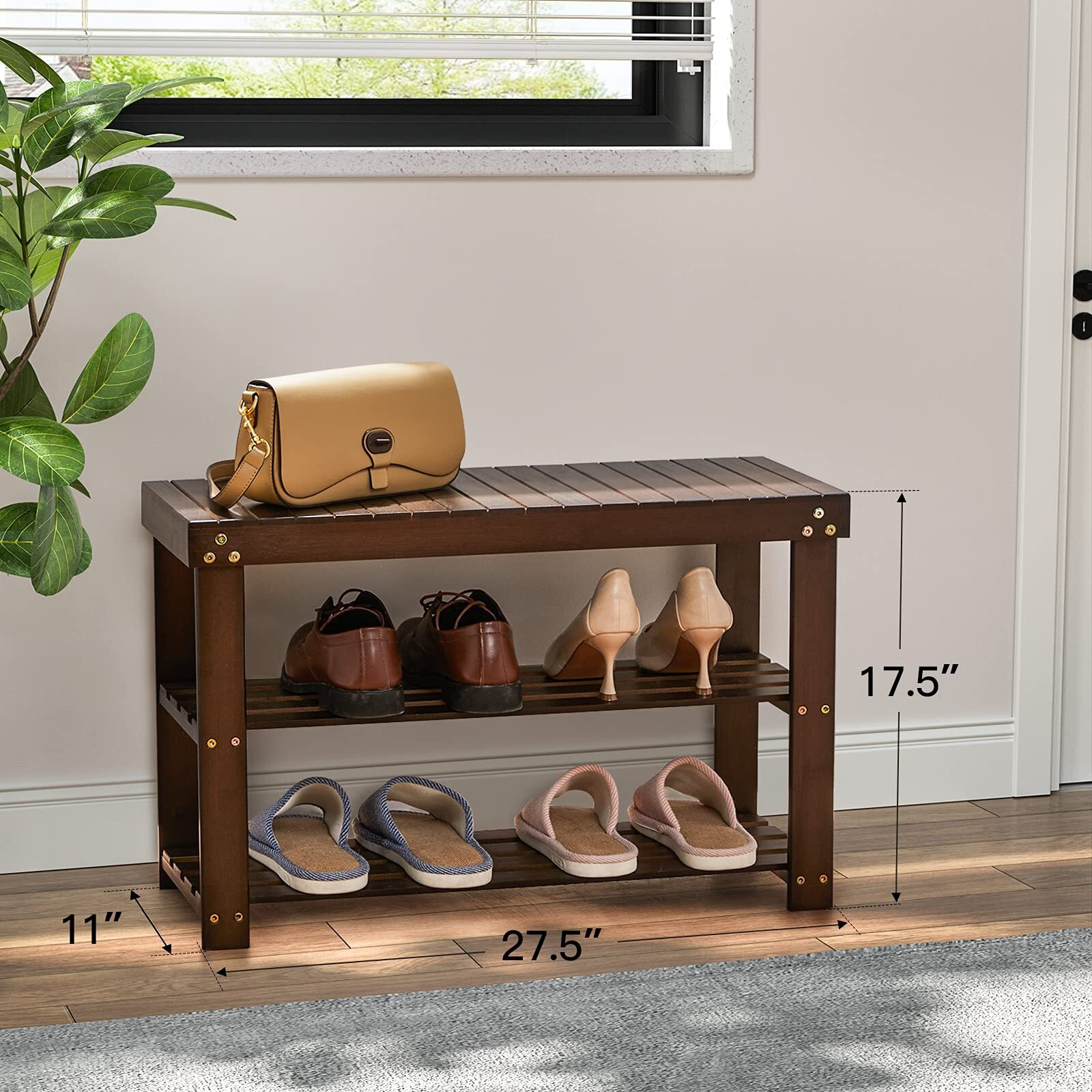 Pipishell Bamboo Shoe Rack Bench, 3 Tier Sturdy Shoe Bench, Storage Shoe Organizer, Holds Up To 300Lbs For Entryway Bedroom Living Room Balcony, Brown
