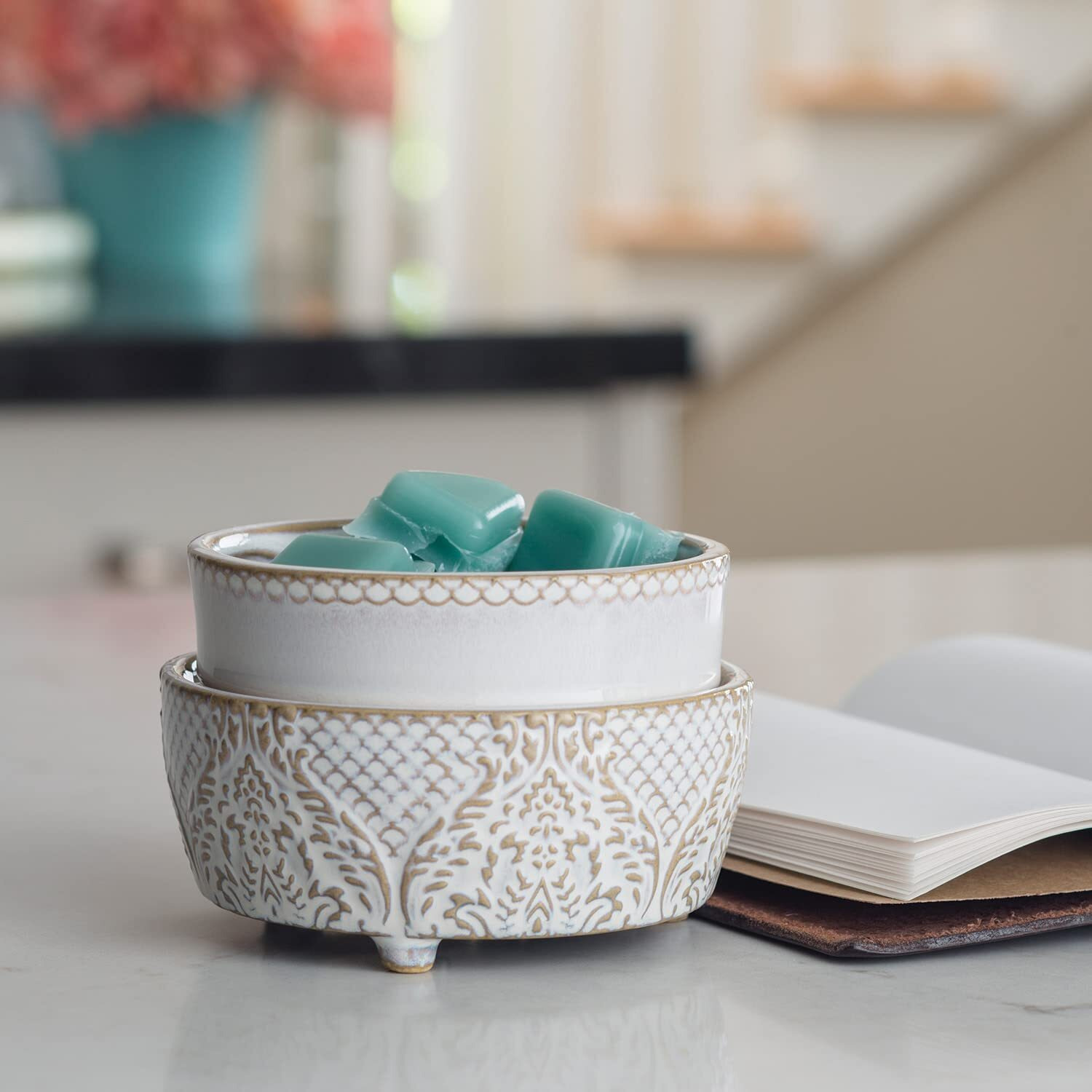 Candle Warmers Etc 2-In-1 Candle And Fragrance Warmer For Warming Scented Candles Or Wax Melts And Tarts With To Freshen Room, Vintage White Lace