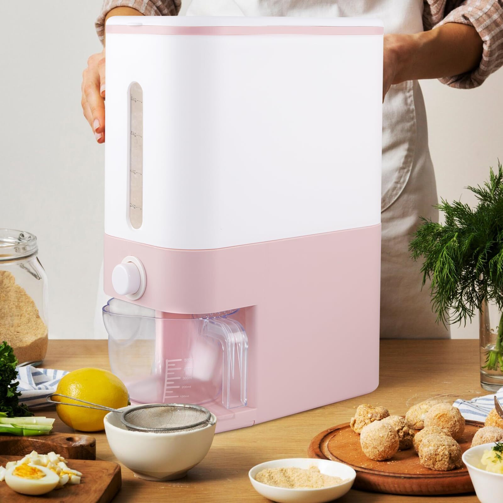 Rubtlamp 22.5 Lbs Pink Rice Dispenser, Rice Storage Container, Pink Rice Storage Container With Measuring Cup, Rice Holder Bucket For Household Kitchen Rice Soybean Corn.