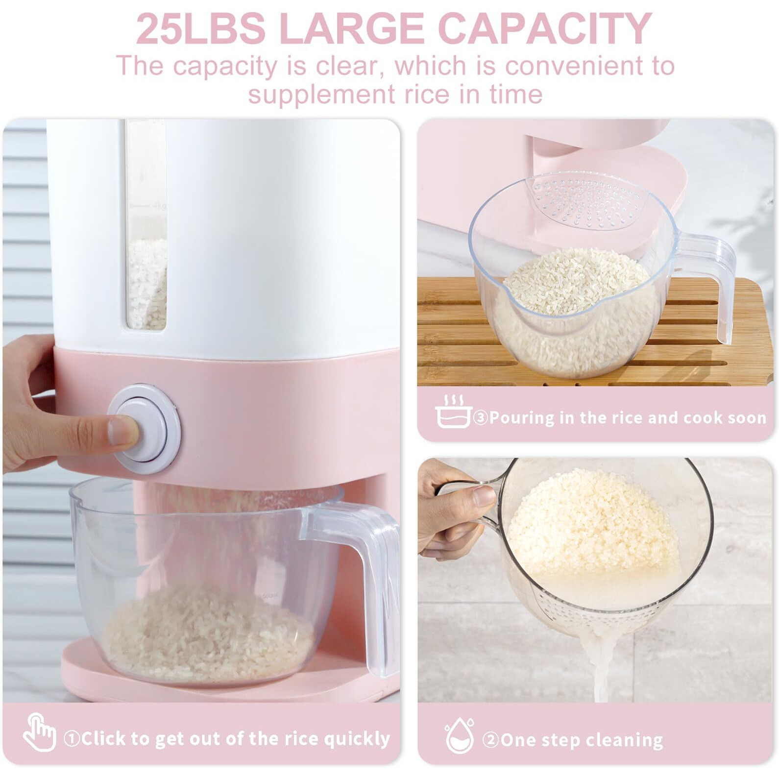 Rubtlamp 22.5 Lbs Pink Rice Dispenser, Rice Storage Container, Pink Rice Storage Container With Measuring Cup, Rice Holder Bucket For Household Kitchen Rice Soybean Corn.