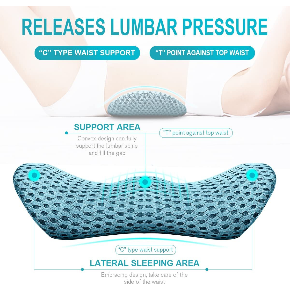 Lumbar Support Pillow - Memory Foam For Low Back Pain Relief, Ergonomic Streamline Car Seat, Office Chair, Recliner And Bed (Blue)