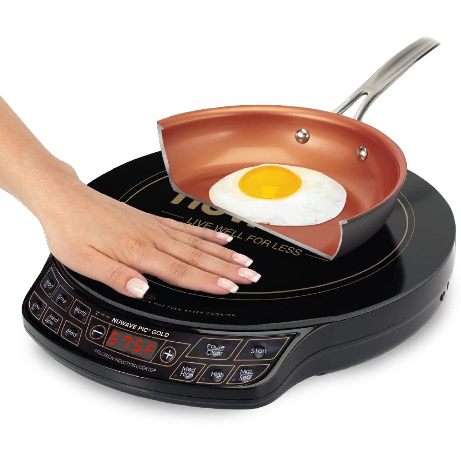 Nuwave Gold Precision Induction Cooktop, Portable, Large 8    Heating Coil, 12    Shatter-Proof Ceramic Glass Surface, 3 Wattage Settings 600, 900, And 1500 Watts, 9    Duralon Non-Stick Fry Pan Included
