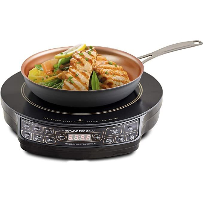 Nuwave Gold Precision Induction Cooktop, Portable, Large 8    Heating Coil, 12    Shatter-Proof Ceramic Glass Surface, 3 Wattage Settings 600, 900, And 1500 Watts, 9    Duralon Non-Stick Fry Pan Included