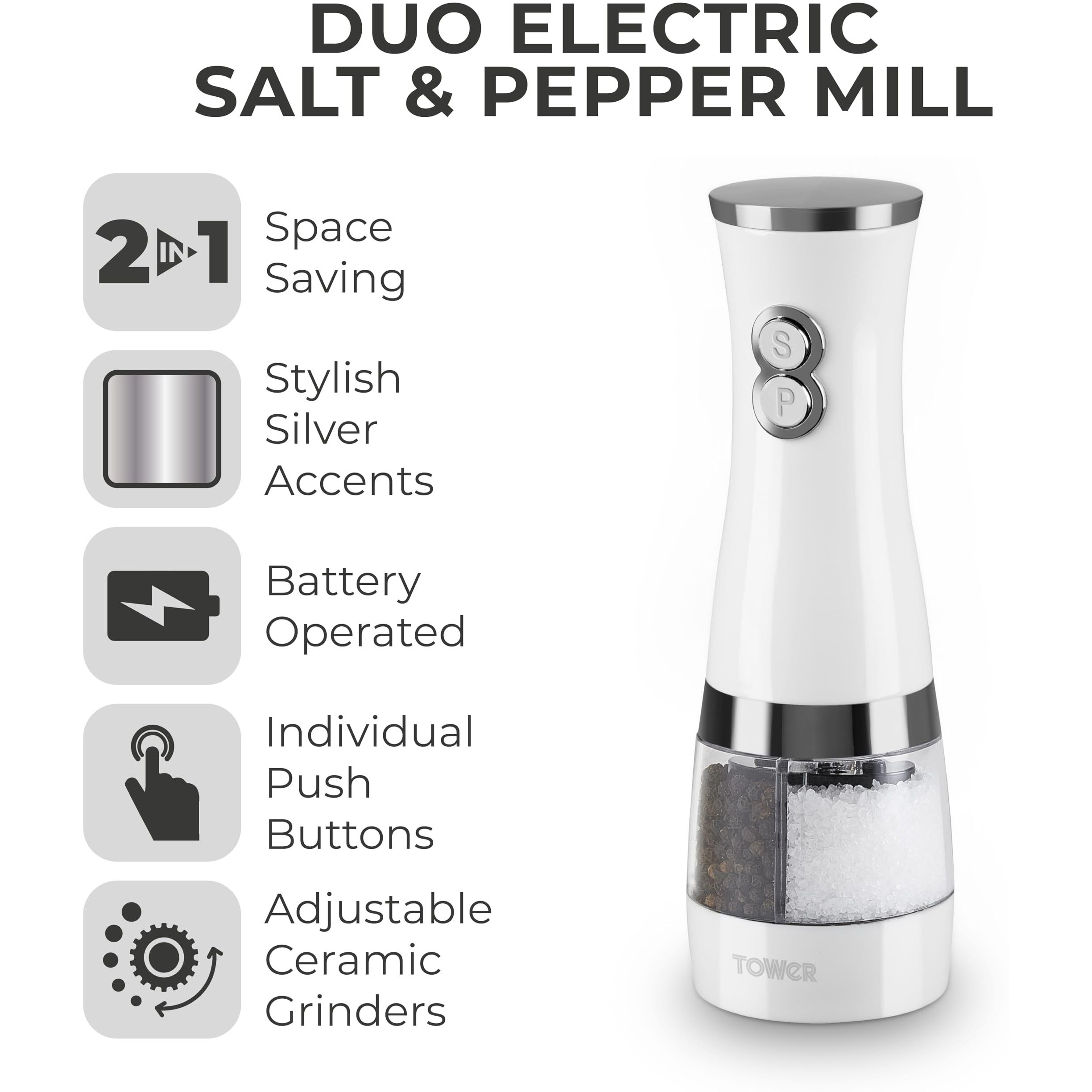 Tower Duo Electric Salt/Pepper Mill, White