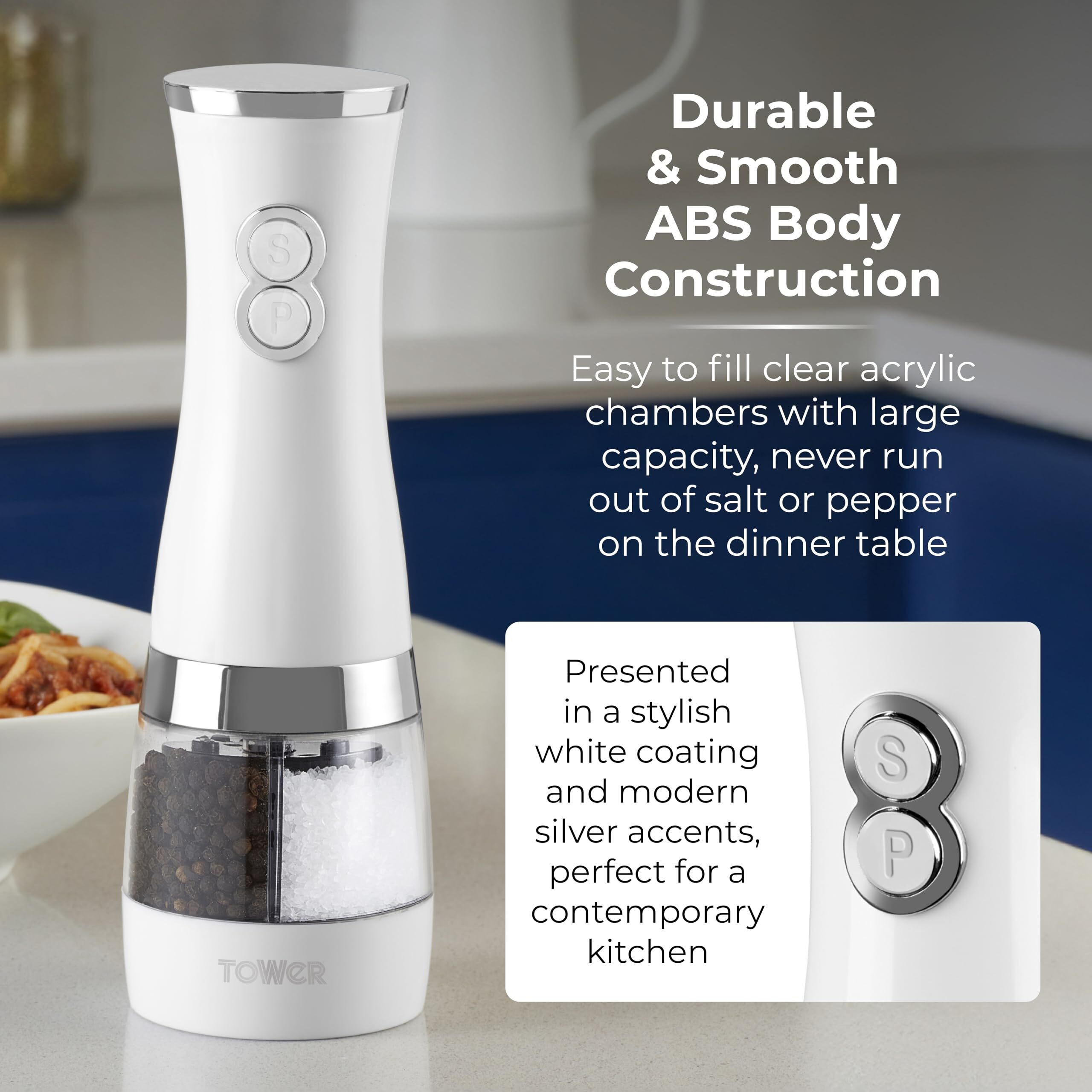 Tower Duo Electric Salt/Pepper Mill, White