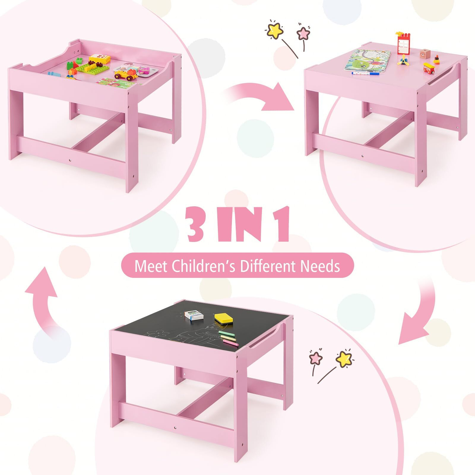 Kotek Kids Wood Table And 2 Chairs Set With Blackboard & Storage Drawers, Children Multi Activity Table For Learning, Playing, Drawing, 3-In-1 Toddler Art Crafts Desk And Chairs Set (Pink)