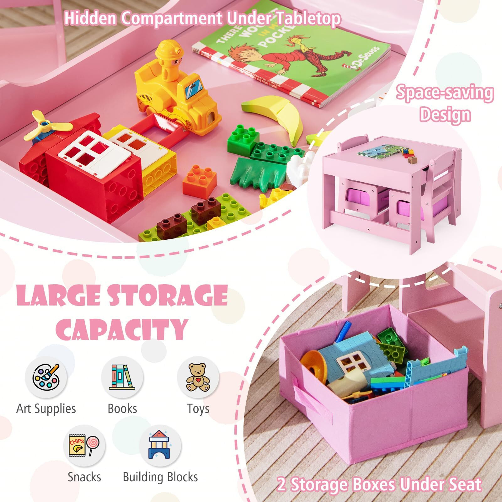 Kotek Kids Wood Table And 2 Chairs Set With Blackboard & Storage Drawers, Children Multi Activity Table For Learning, Playing, Drawing, 3-In-1 Toddler Art Crafts Desk And Chairs Set (Pink)