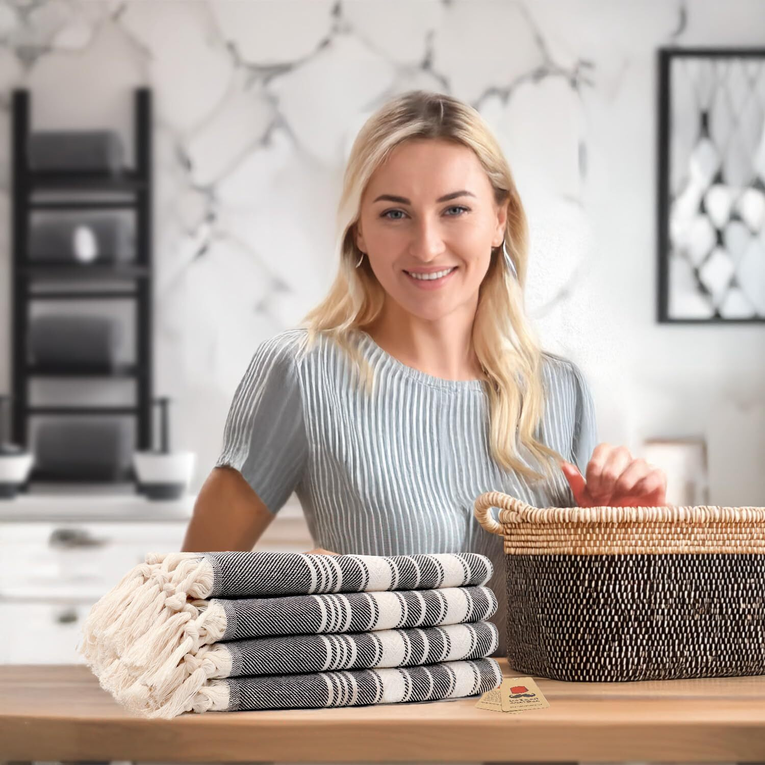 Bazaar Anatolia Hand Towels - Set Of 4 | 39"" X 19"" - Decorative Turkish Hand Towel For Bathroom, 100% Cotton, Kitchen, Face, Hair, Tea, Dishcloth, Bathroom Hand Towels - Stripe Black
