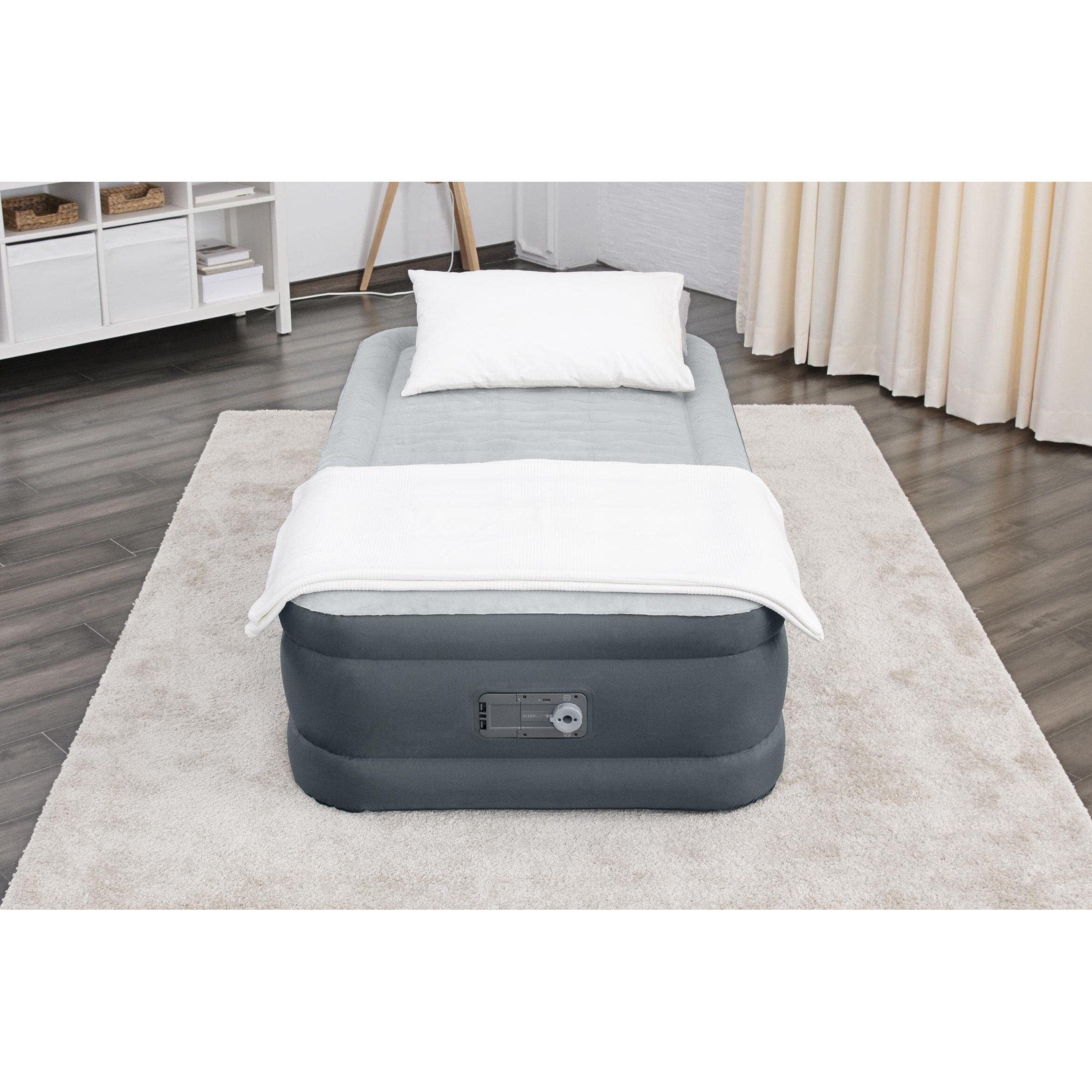 Sleeplux Twin Air Mattress | Supersoft Snugable Top, Extra Durable Tough Guard With Built-In Pillow | Raised 18"" Airbed With Built In Pump + Usb Charger (69086E) , Grey