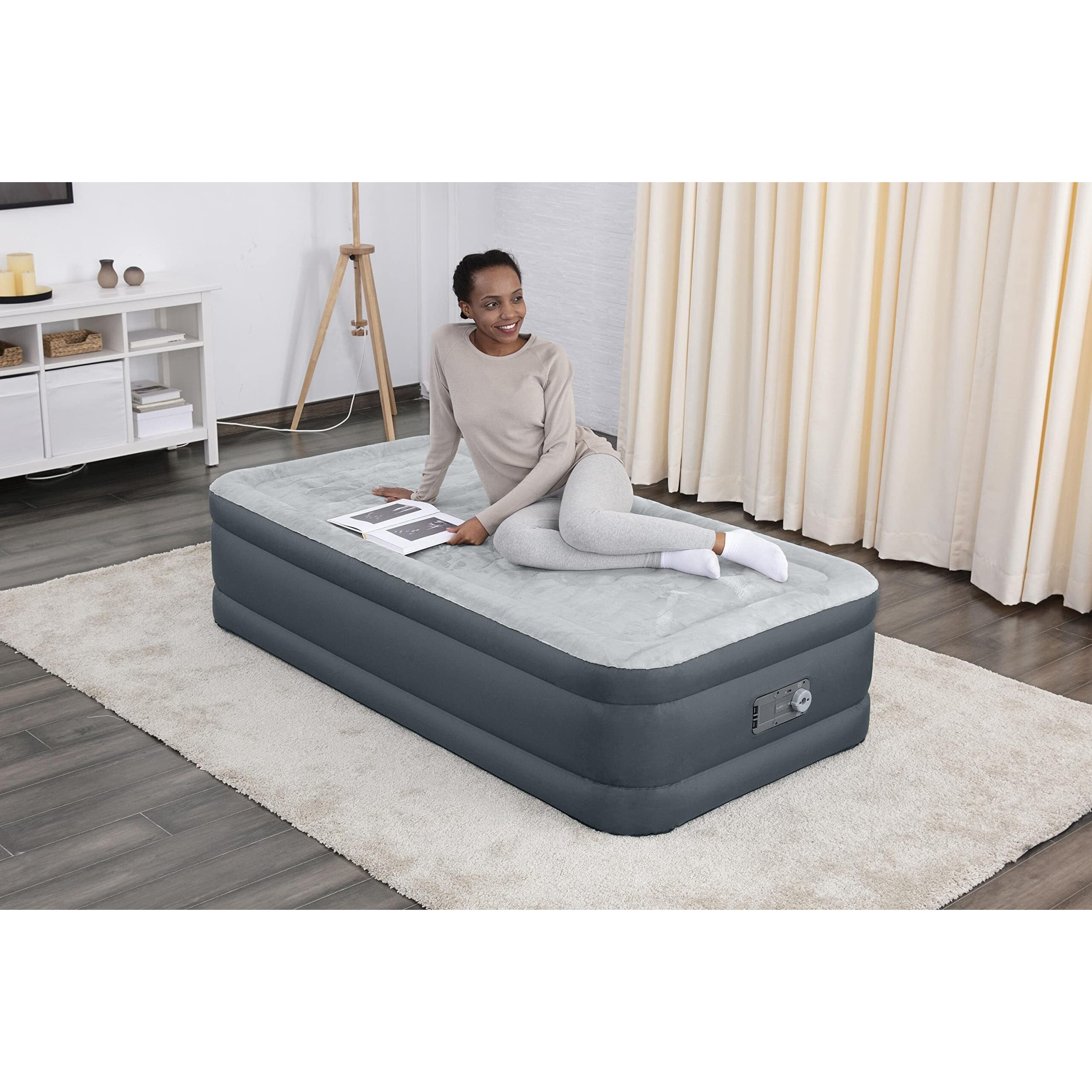 Sleeplux Twin Air Mattress | Supersoft Snugable Top, Extra Durable Tough Guard With Built-In Pillow | Raised 18"" Airbed With Built In Pump + Usb Charger (69086E) , Grey