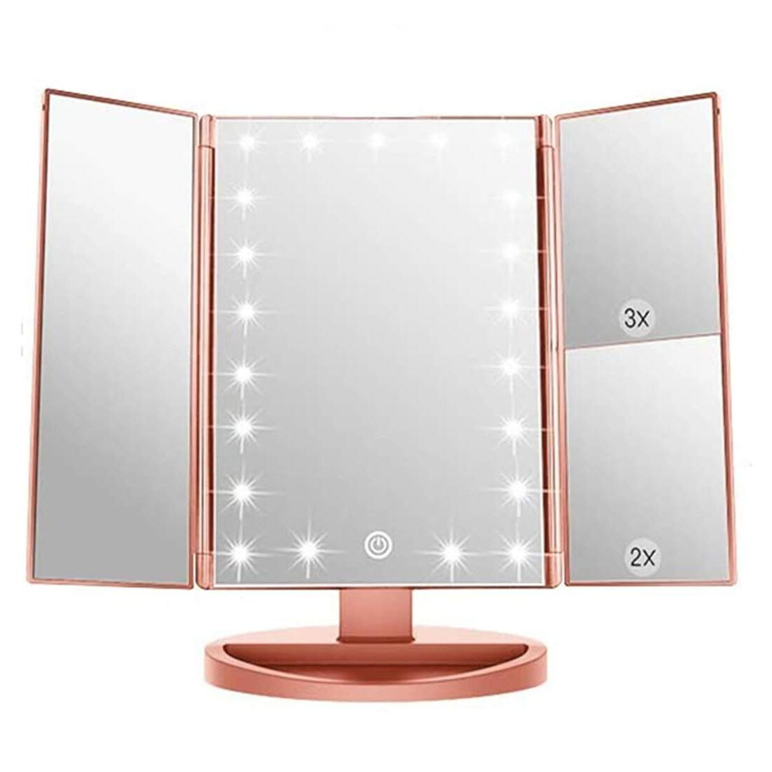 Infitrans 3 Folds Lighted Vanity Makeup Mirror,1X/2X/3X Magnification, 21 Led Light Bright Table Mirror With Touch Screen,180 Adjustable Rotation,Portable Travel Cosmetic Mirror