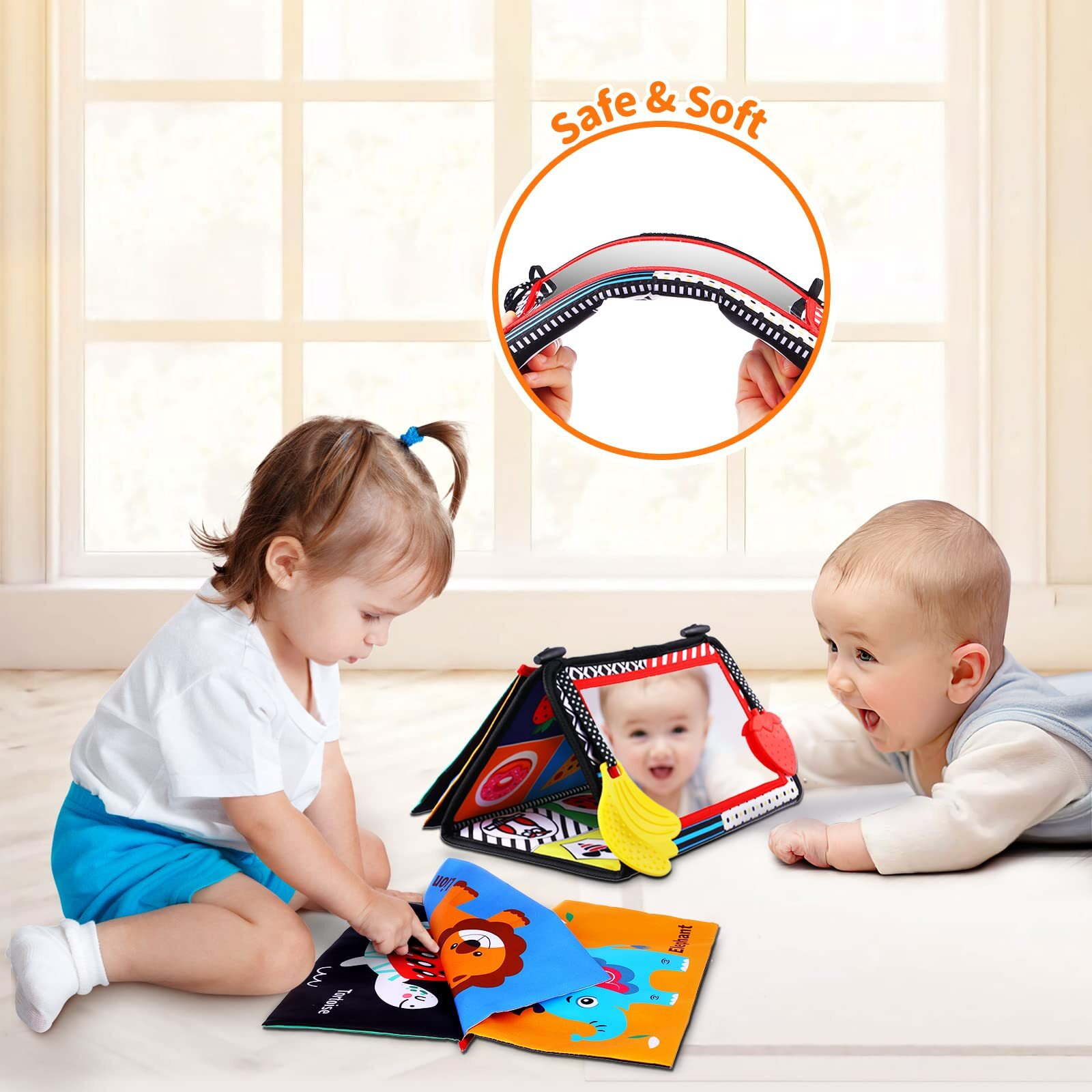 Baby Tummy Time Toys With Mirror, Books, Teethers - For 0-12 Months With High Contrast, Montessori Crawling Toys For Boys & Girls