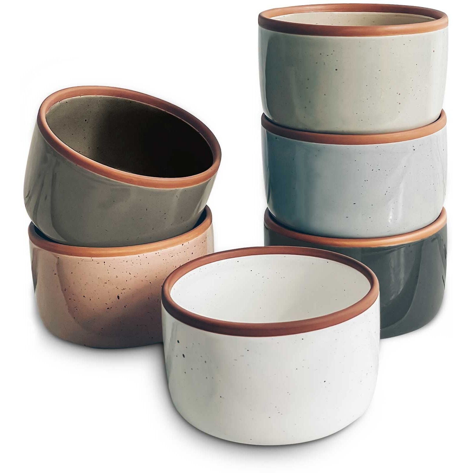 Mora Ceramic Ramekins - 8Oz, Set Of 6 - Small Oven Safe Baking Dishes/Cups - For Personal Pudding, Creme Brulee, Souffle, Serving Dip, Custard, Ice Cream - Single Mini Bowls - Assorted Neutrals