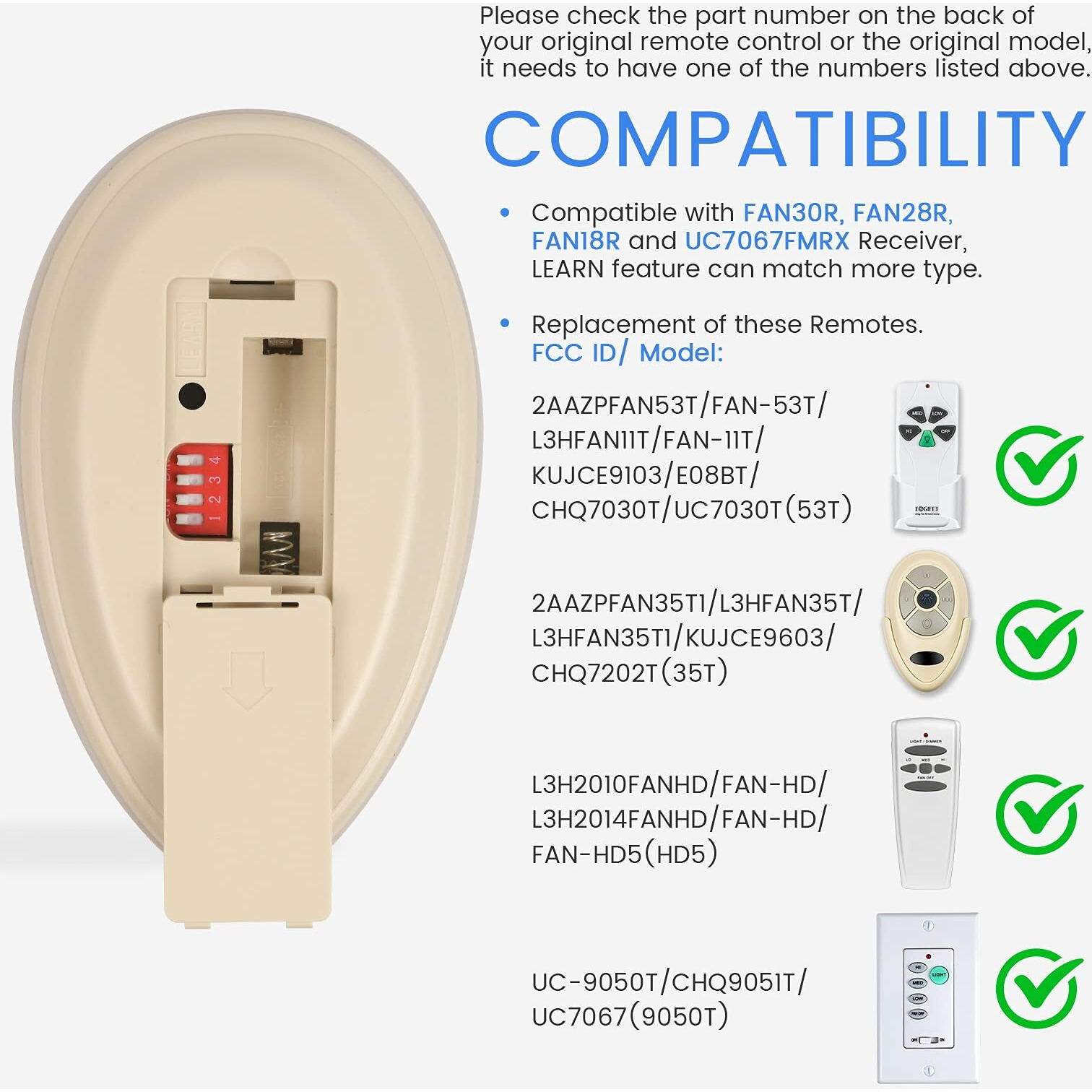 Eogifee 35T Ceiling Fan Remote Control Adjustable 3 Speed,Light Dimmer Control Replacement Of Harbor Breeze Compatible With Kujce9603 Fan35T L3Hfan35T Fan-53T Fan-11T L3Hfan35T1 Fan-35T1