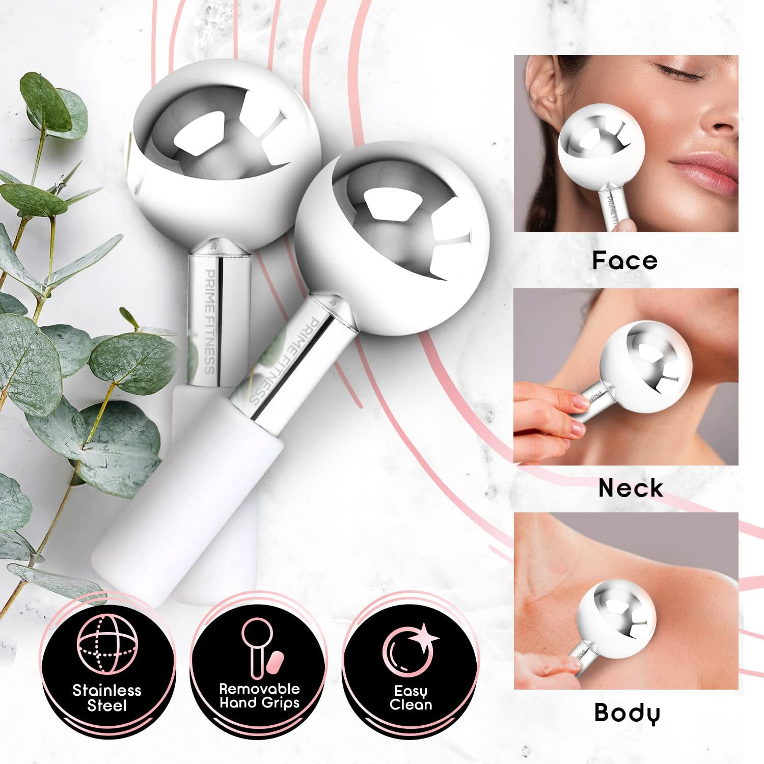 Ice Globes For Facials | Unbreakable Steel Cooling Roller | Cryo Sticks For Face | Massager For Face Neck & Eyes | Skin Care For Dark Circles, Puffiness, Wrinkles, Collagen Production (White)